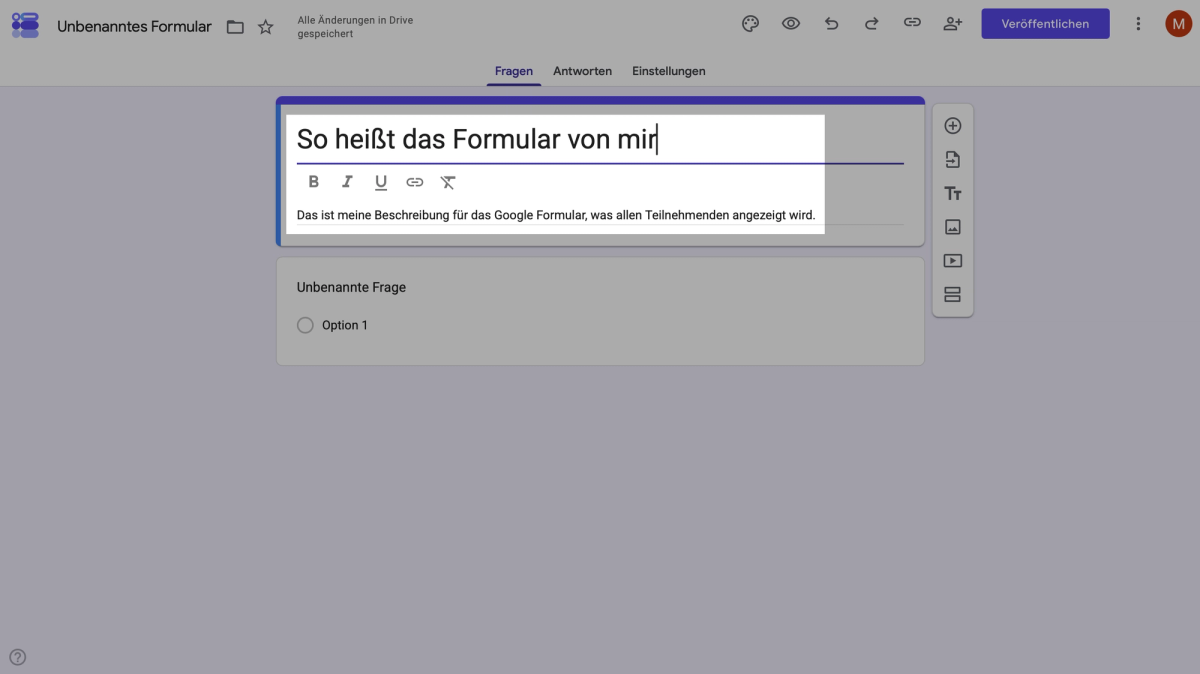Titel und Beschreibung einer Umfrage in Google Forms bearbeiten