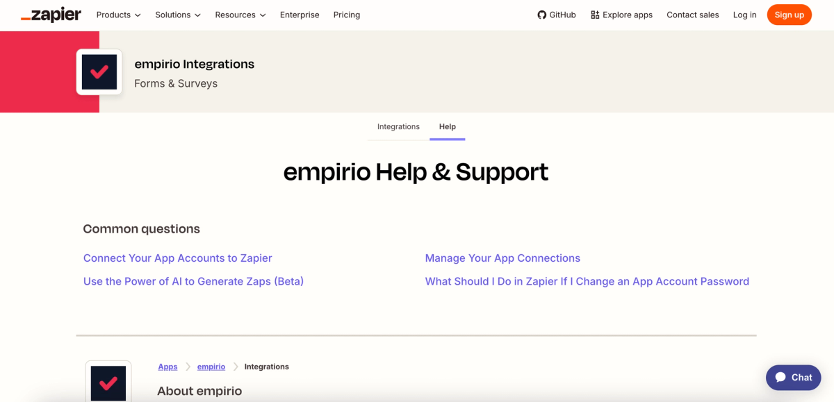 The empirio.ai integration page at Zapier, pointing to over 9,000 apps you can connect
