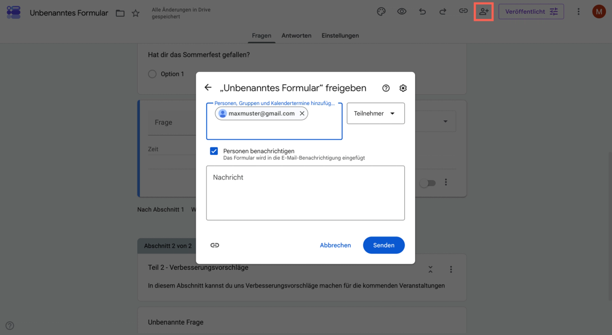 Personen in Google Forms einladen und Zugriff für Teilnahme oder Mitbearbeitung festlegen