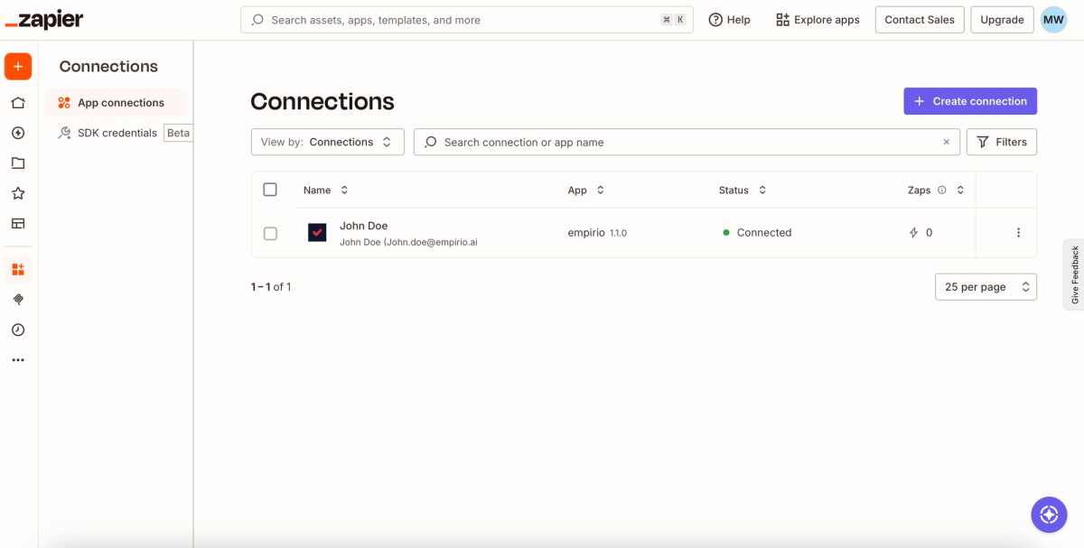 The connections overview in Zapier with the empirio app connected and the status Connected
