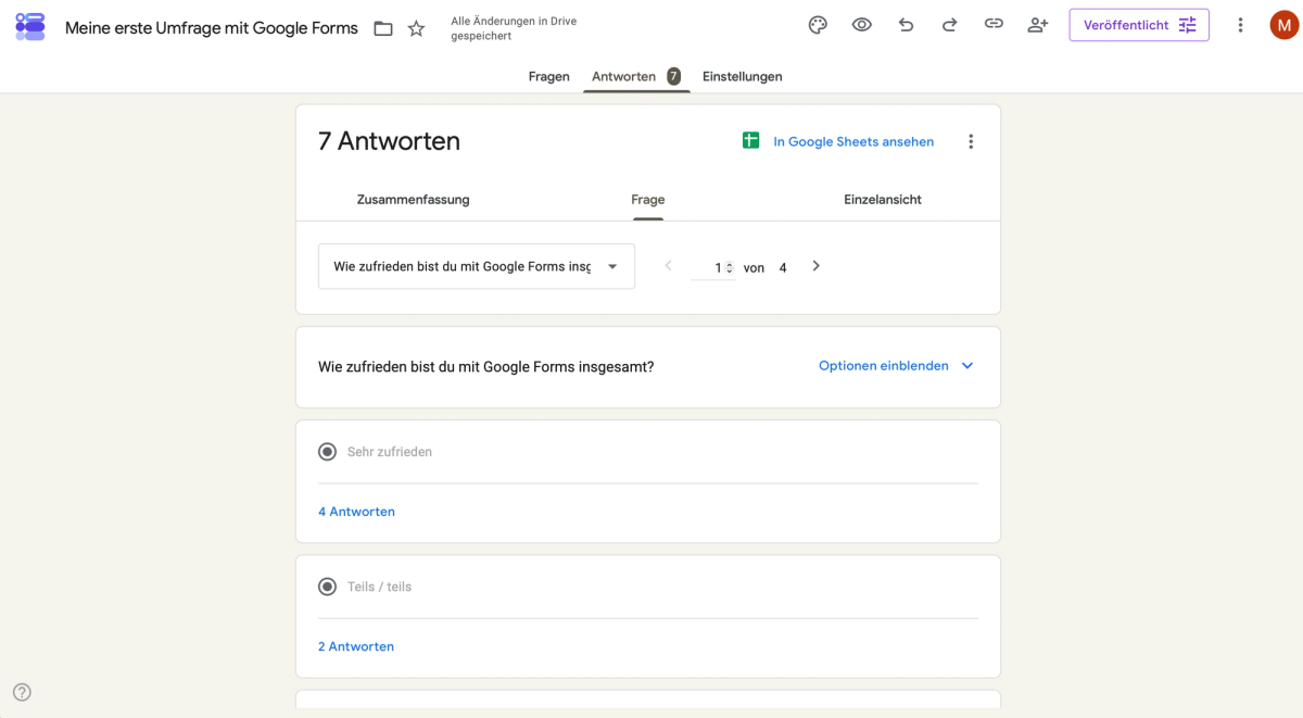 Automatisch erstellte Diagramme in der Zusammenfassung einer Google-Forms-Umfrage