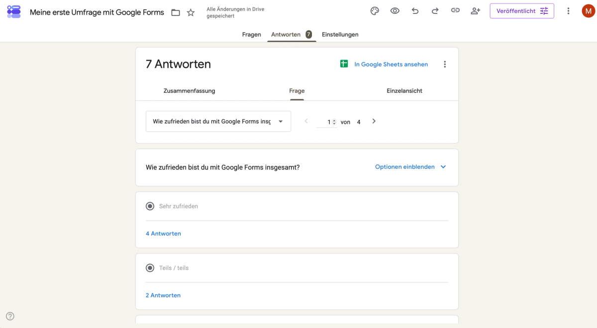 Automatisch erstellte Diagramme in der Zusammenfassung einer Google-Forms-Umfrage