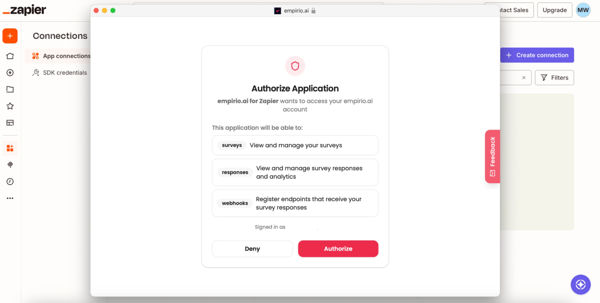 The empirio.ai authorization window with the three permissions for surveys, responses, and webhooks