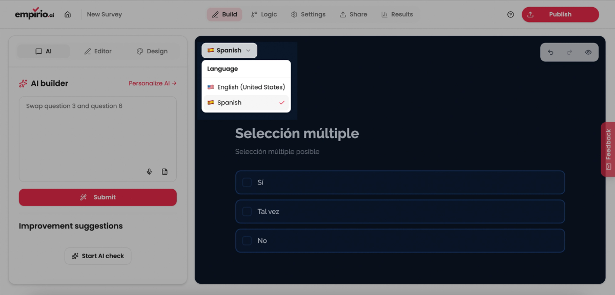 empirio.ai: Auswahlfeld im Editor zum Wechseln zwischen den Sprachfassungen