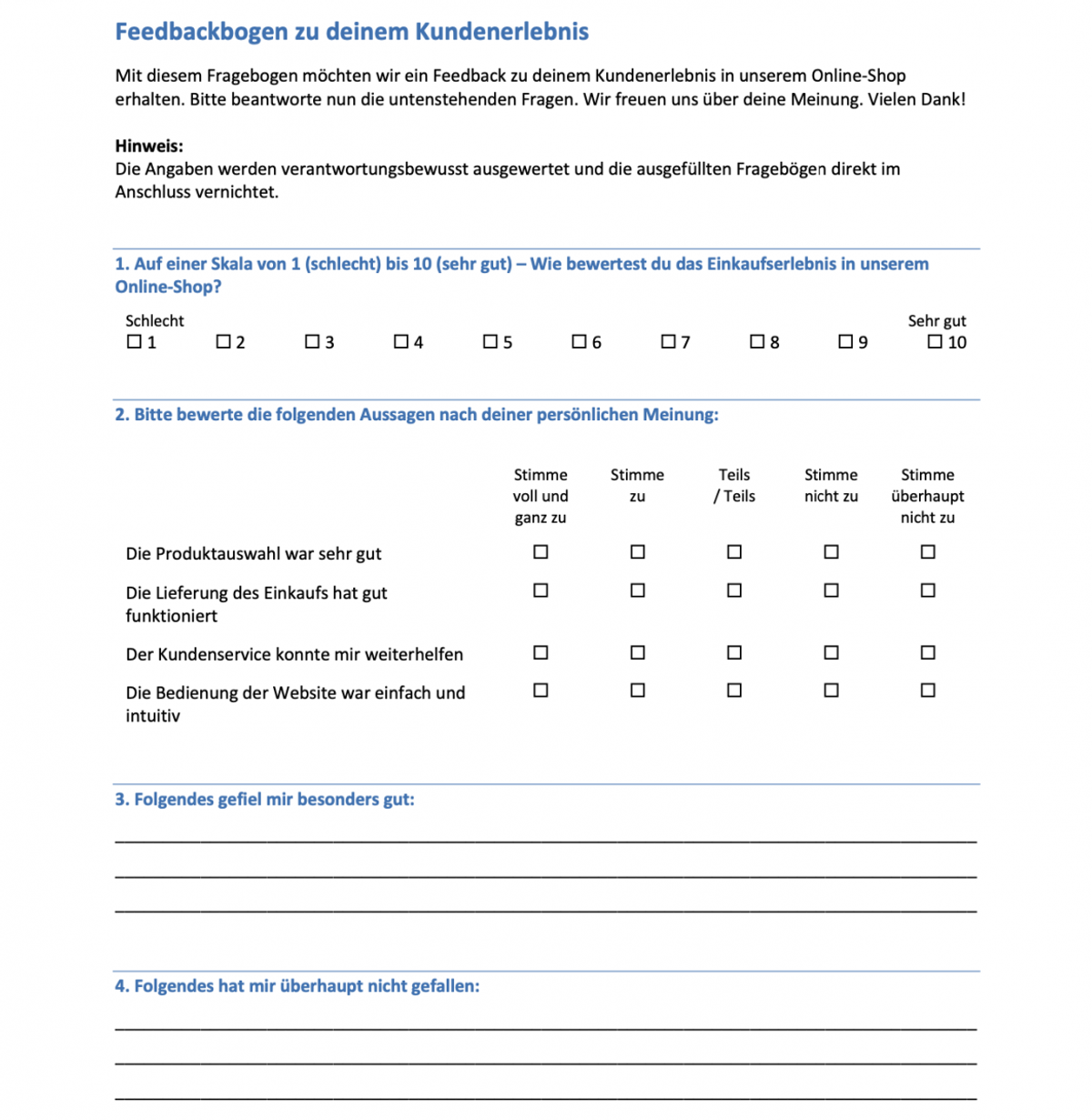 Feedbackbogen Vorlage in Word für Fragebogen