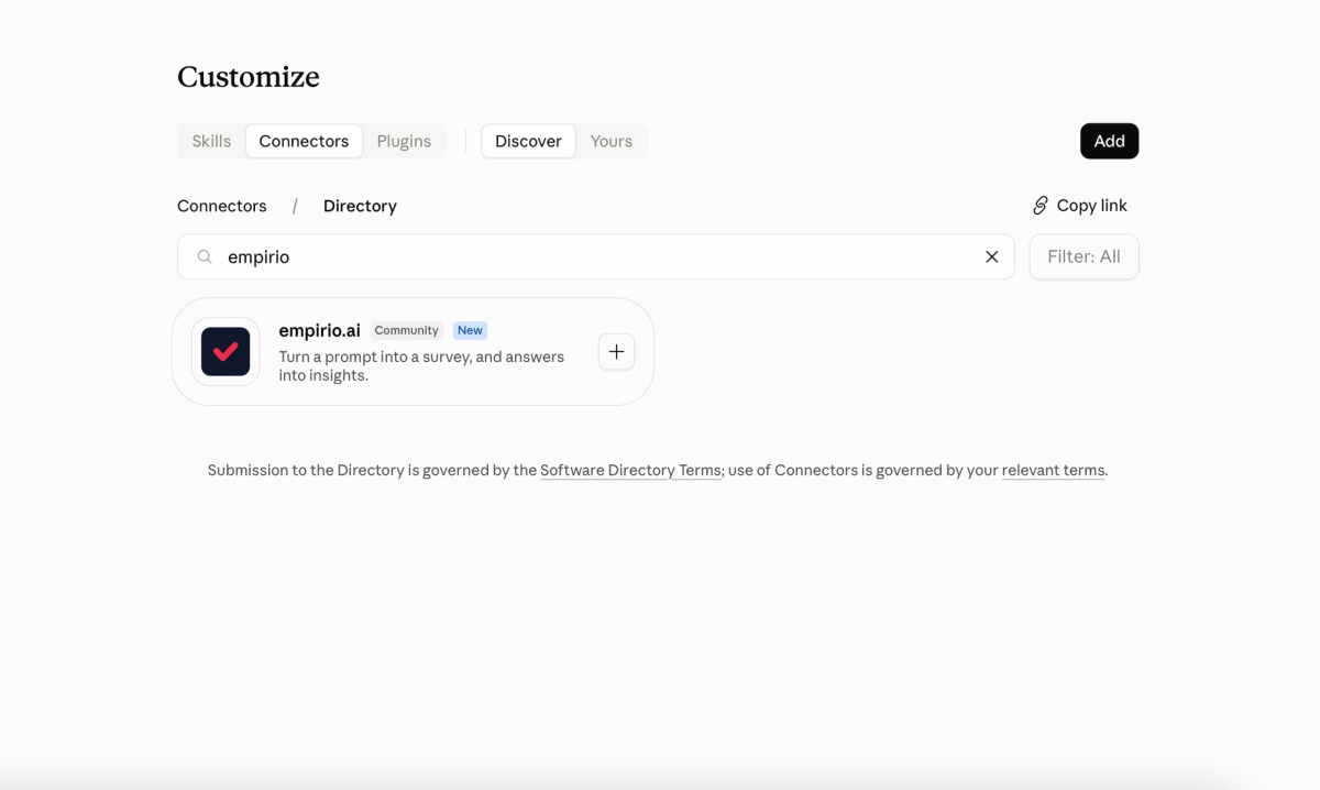 La directory dei connettori di Claude con la ricerca di empirio.ai e il pulsante più per aggiungerlo