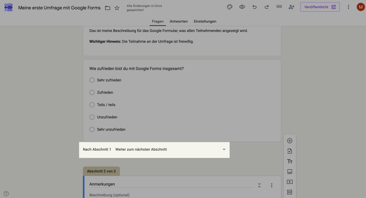 Auswahlfeld am Ende eines Abschnitts in Google Forms mit dem Sprungziel für den nächsten Schritt