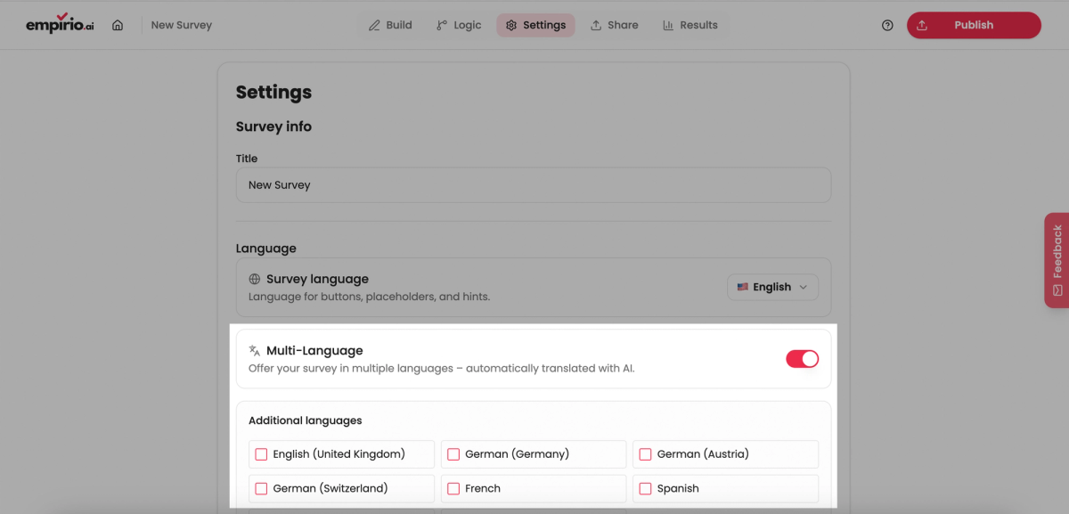 empirio.ai: Mehrsprachigkeit in den Einstellungen unter Sprache aktivieren