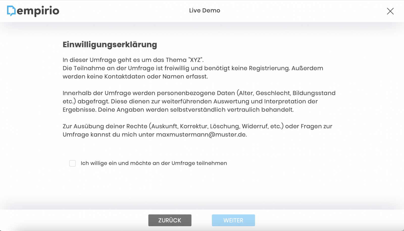 Beispiel für eine perfekte Einwilligungserklärung bzw. Datenschutzerklärung bei Online-Umfragen