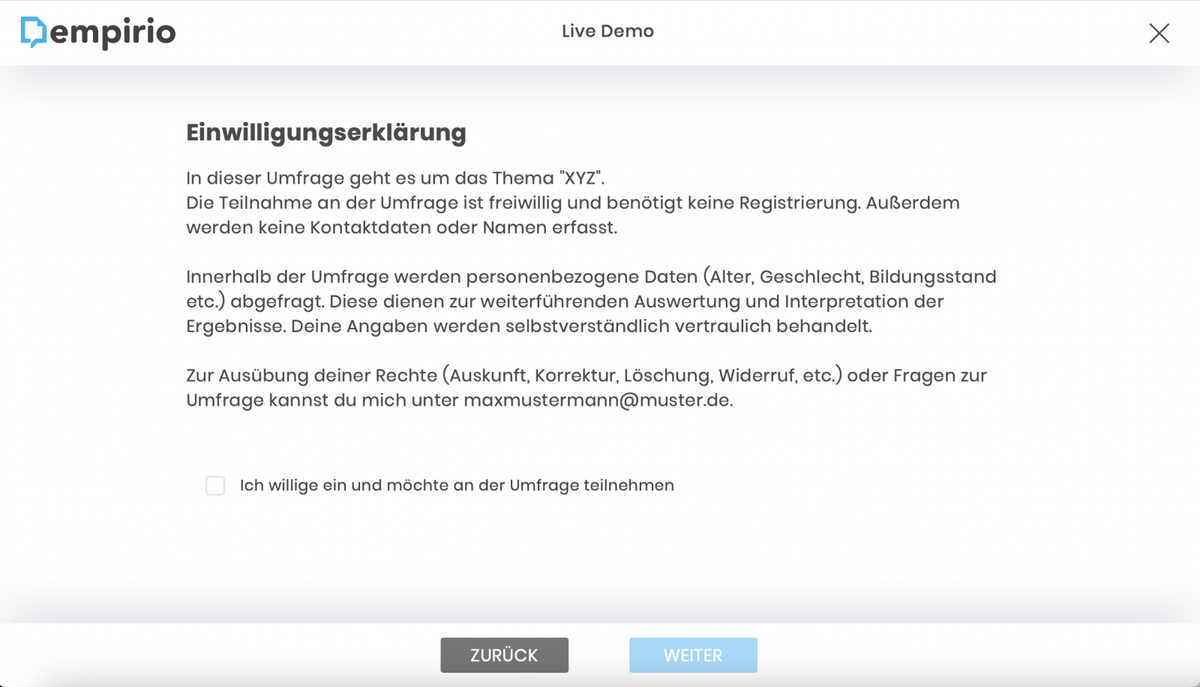 Example of a perfect consent declaration or privacy policy for online surveys