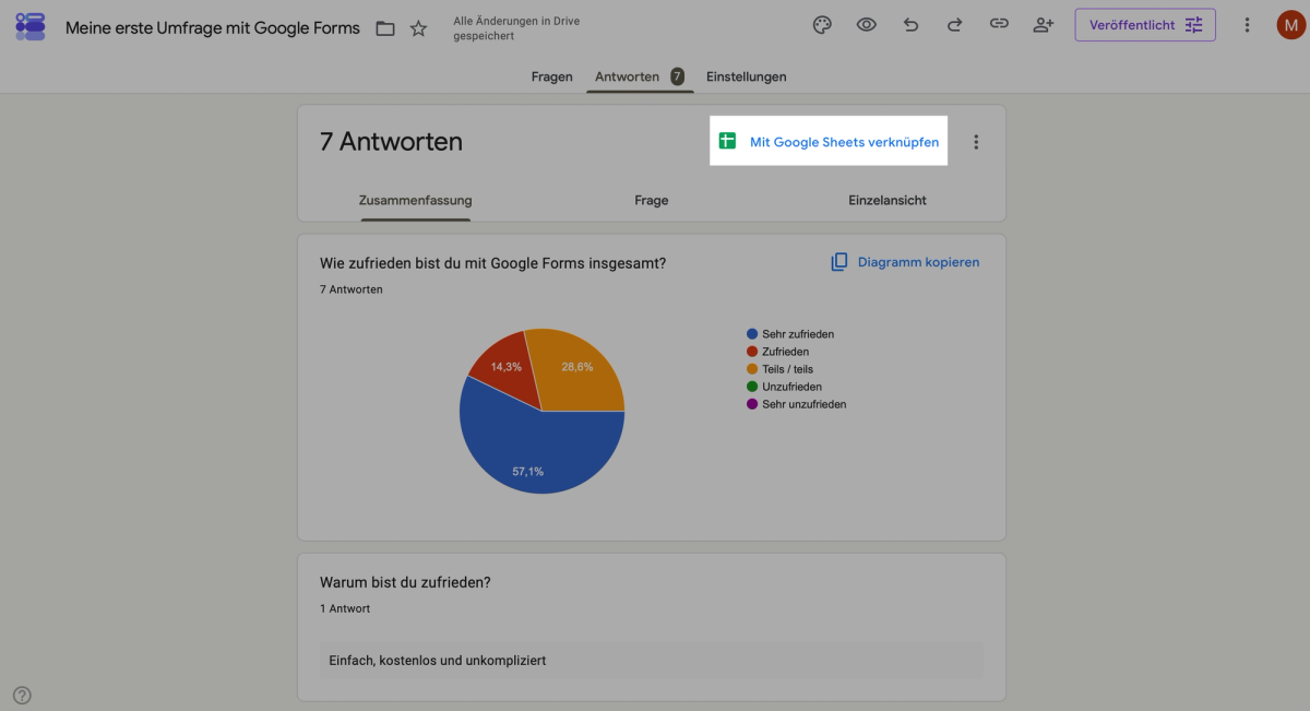 Button Mit Google Sheets verknüpfen im Reiter Antworten einer Google-Forms-Umfrage