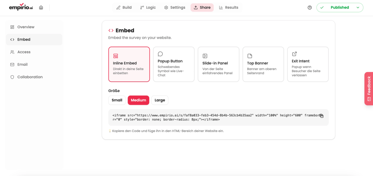 empirio.ai: Einbettung einer Umfrage unter Share mit den Embed-Formaten