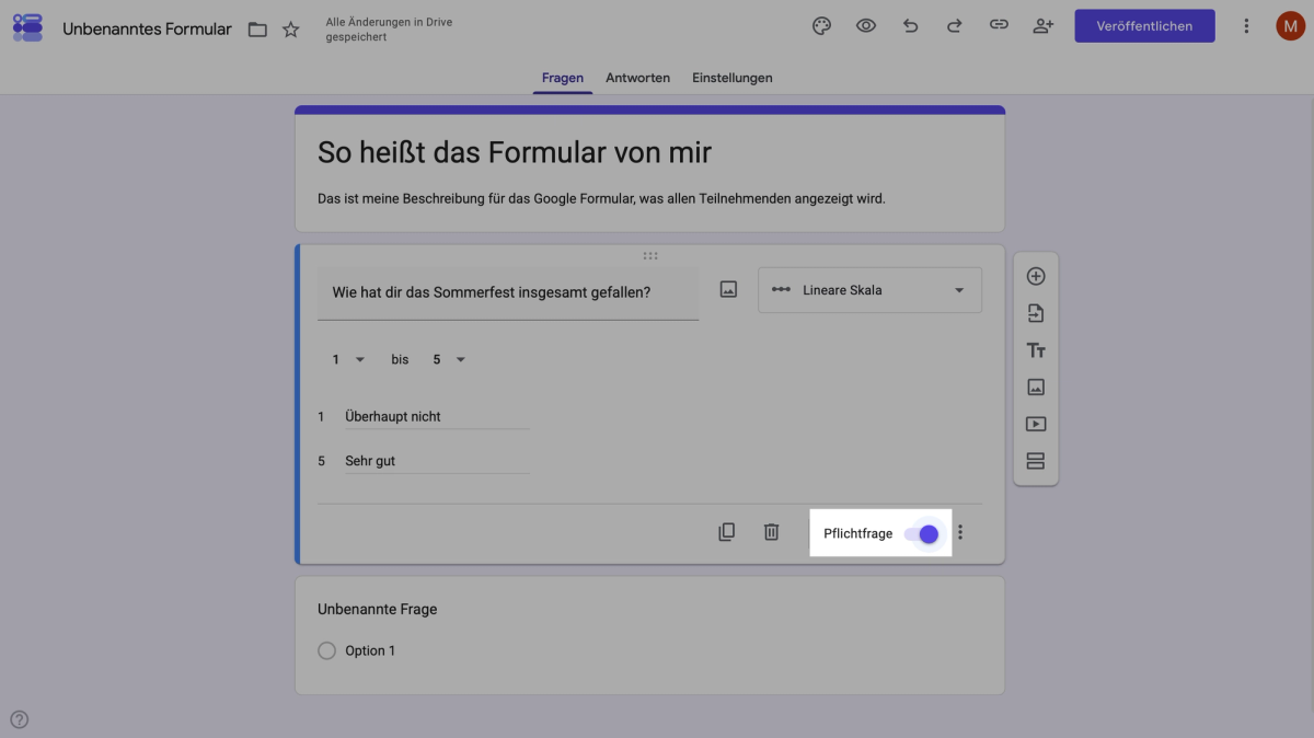 Frage in Google Forms über den Schalter Erforderlich zur Pflichtfrage machen
