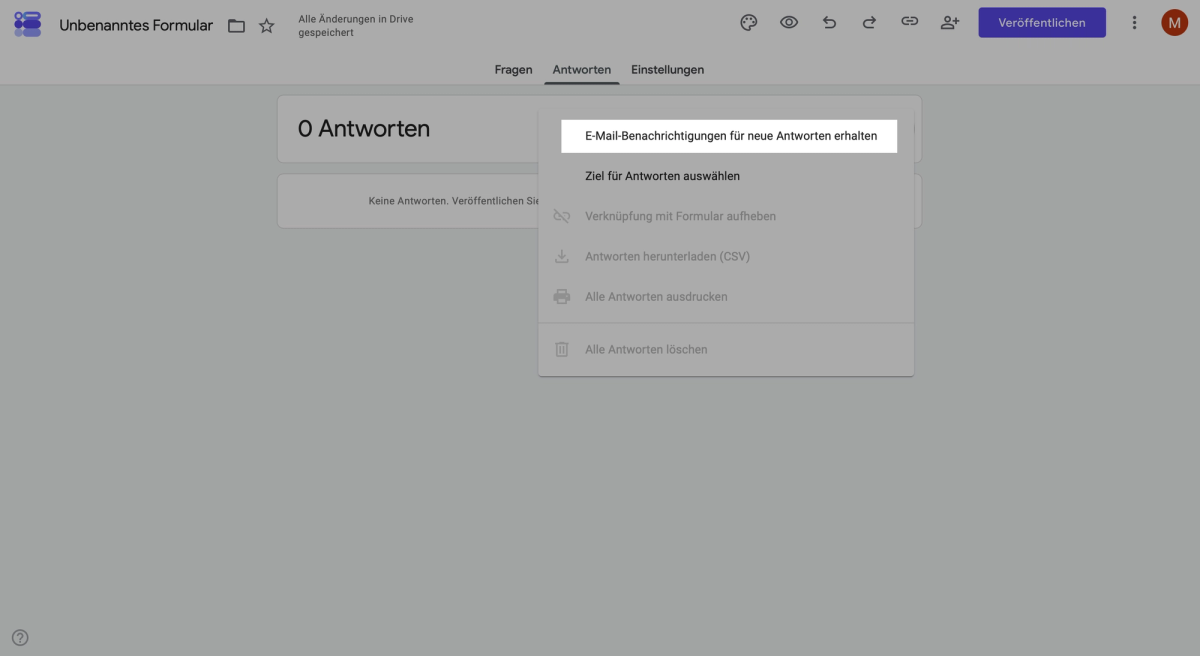 E-Mail-Benachrichtigung für neue Antworten im Reiter Antworten in Google Forms aktivieren