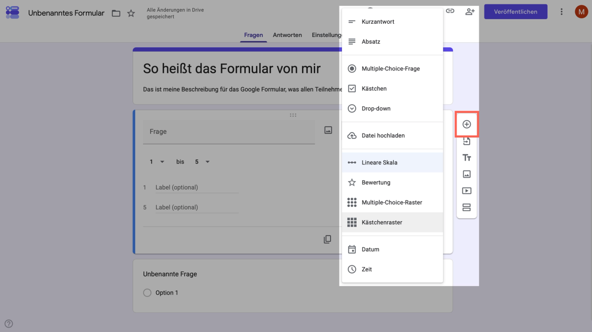 Neue Frage in Google Forms hinzufügen und den Fragetyp im Dropdown auswählen