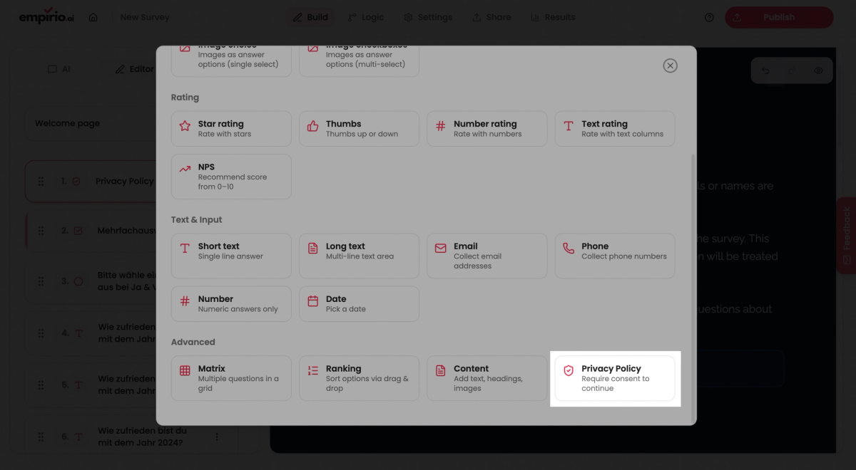 Im Editor von empirio.ai die Datenschutzseite zur Online-Umfrage hinzufügen