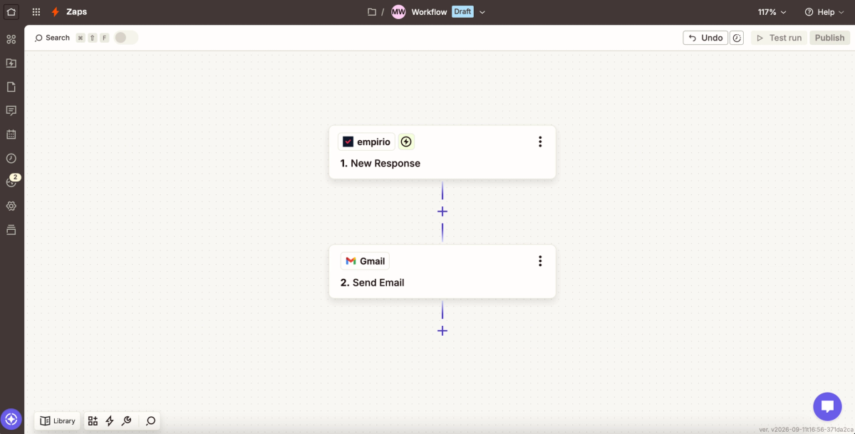 A Zap in the Zapier editor with the empirio trigger New Response and a Gmail action below it