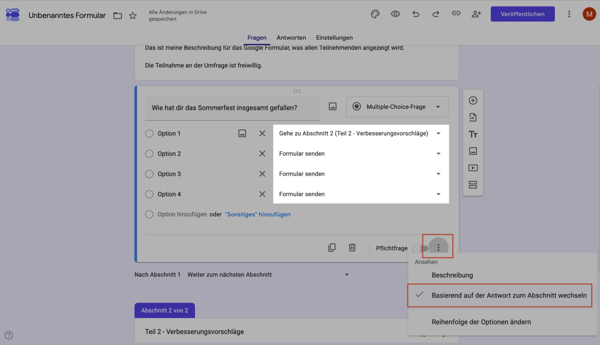 Sprunglogik in Google Forms: Basierend auf der Antwort zum Abschnitt wechseln