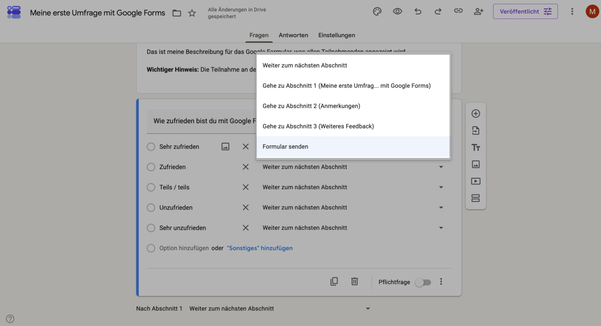 Der Nutzer stellt bei Google Forms eine Logik zu einer Frage ein im Umfrage-Tool