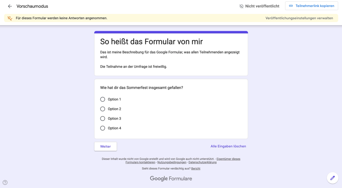 Vorschau der Google-Forms-Umfrage mit dem Link zum Ausfüllen