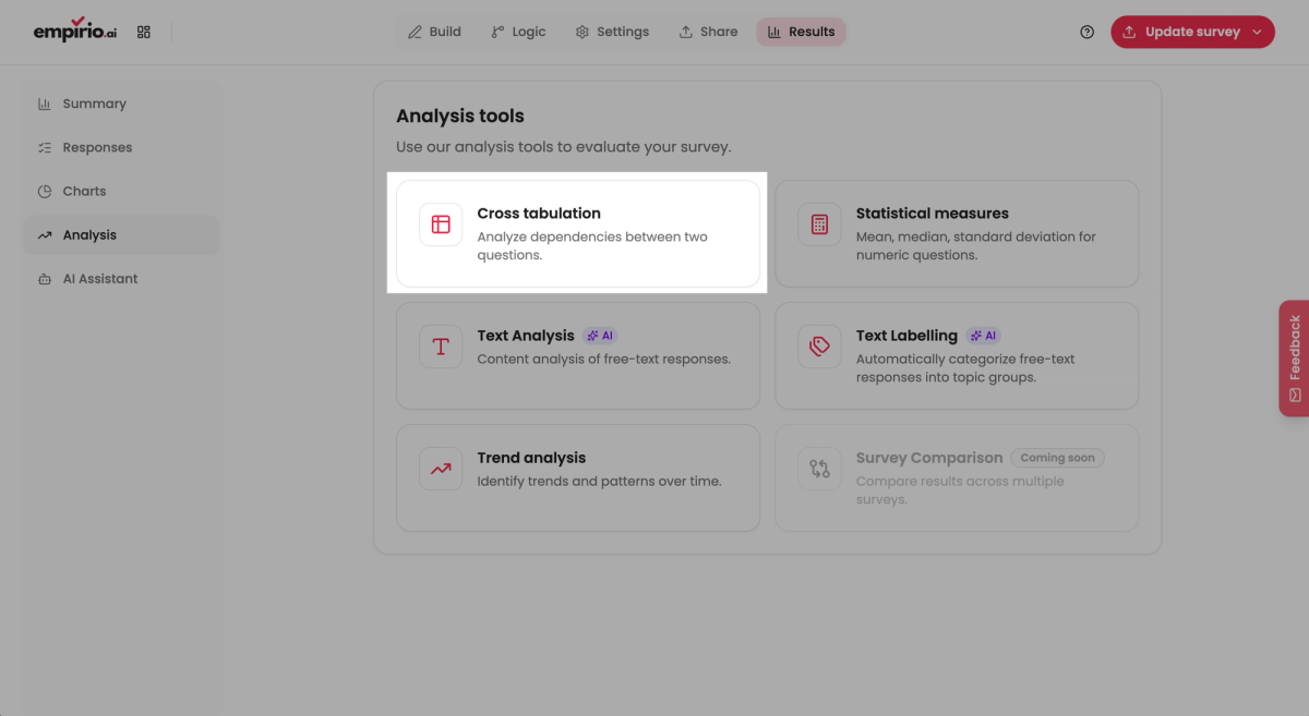 empirio.ai: resumen de las funciones de análisis en la sección de resultados, con la tarjeta para crear una tabla de contingencia a partir de dos preguntas