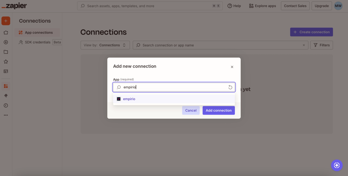 The window for creating a new connection in Zapier with empirio typed into the search