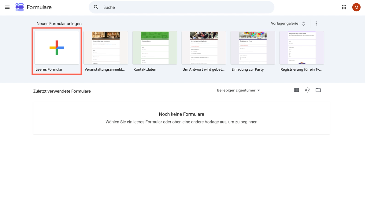 Google Forms: leeres Formular in der Vorlagenübersicht auswählen