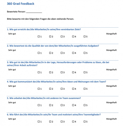 Preview of the Word template for 360 degree feedback