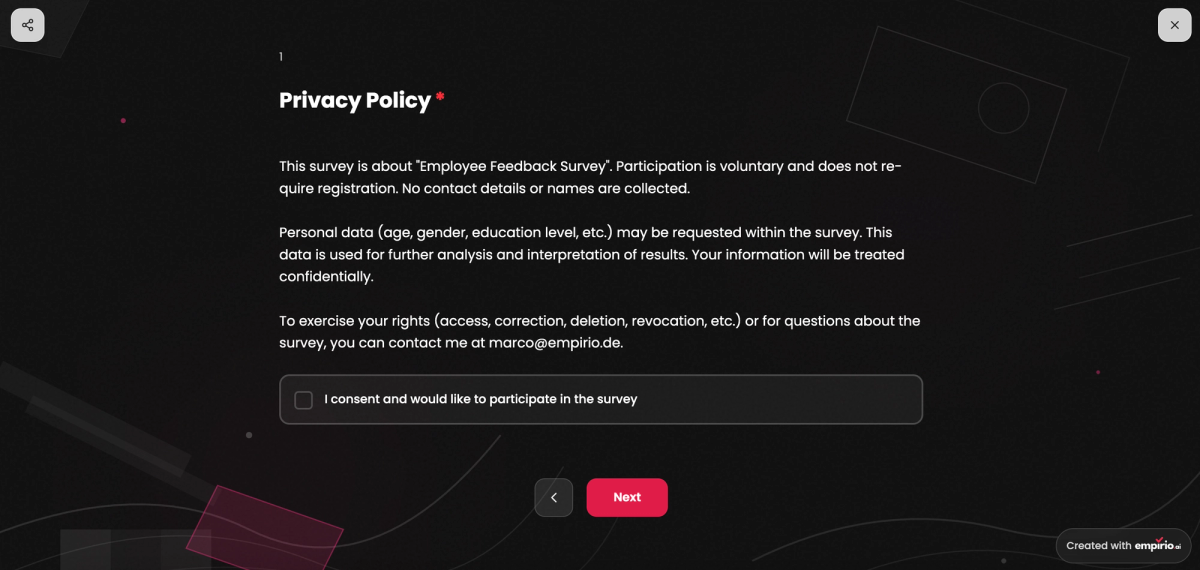 Privacy page of a survey with a privacy notice and a tick box for consent