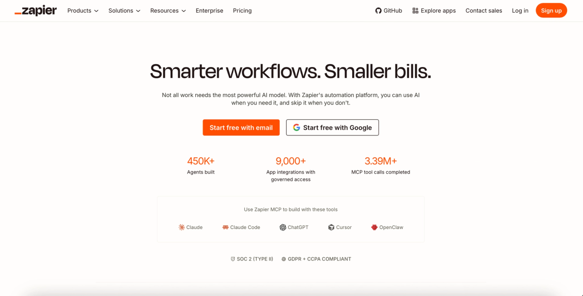 The Zapier homepage and its entry point into automation