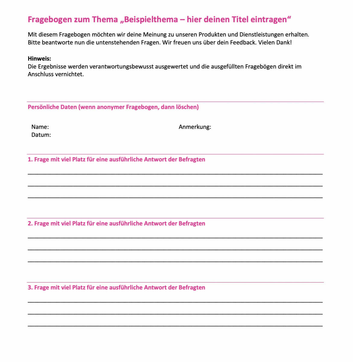Vorlage in Word für Questionnaire with Open-Ended Questions also offenen Fragen