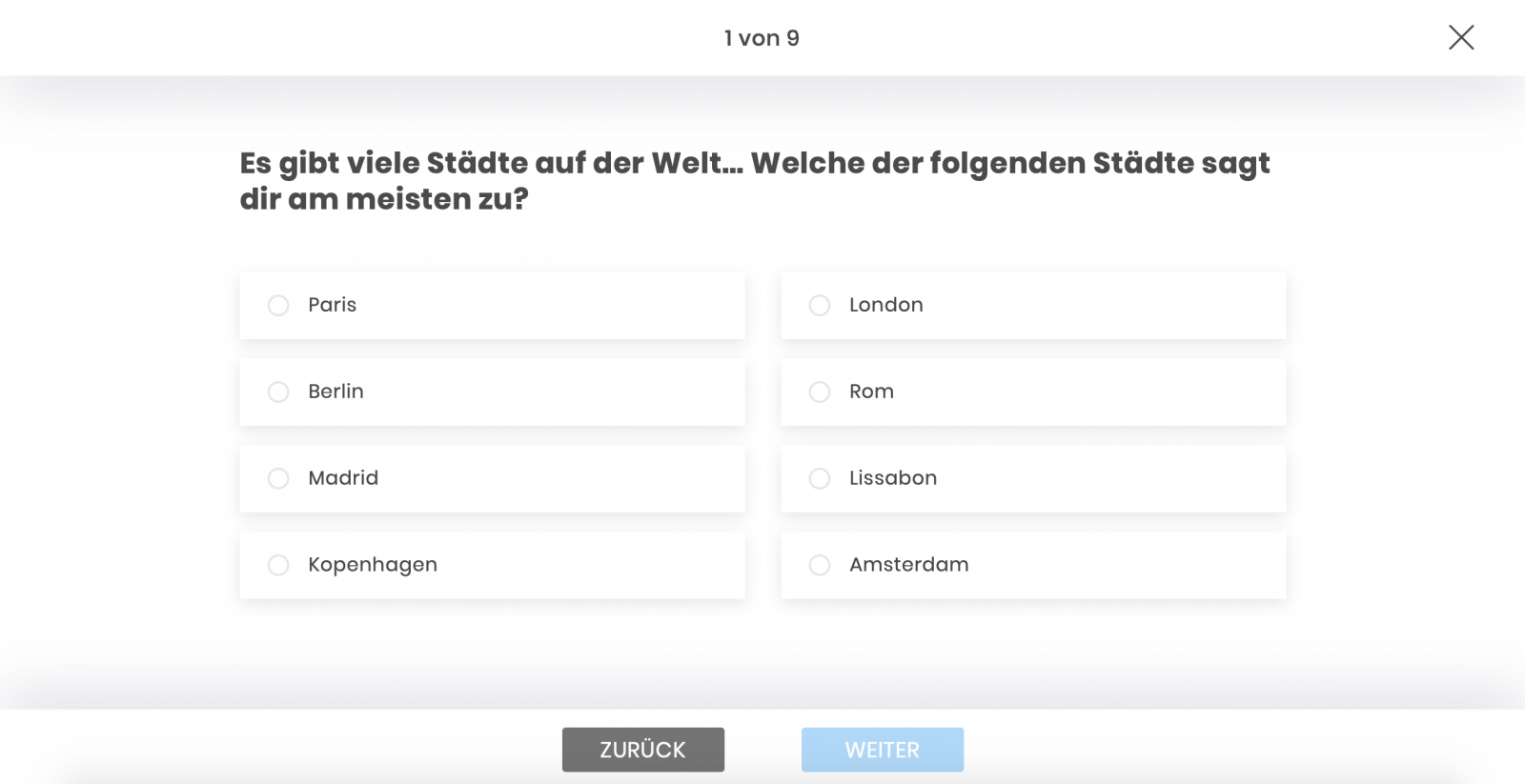 Single-choice question in a questionnaire of an online survey