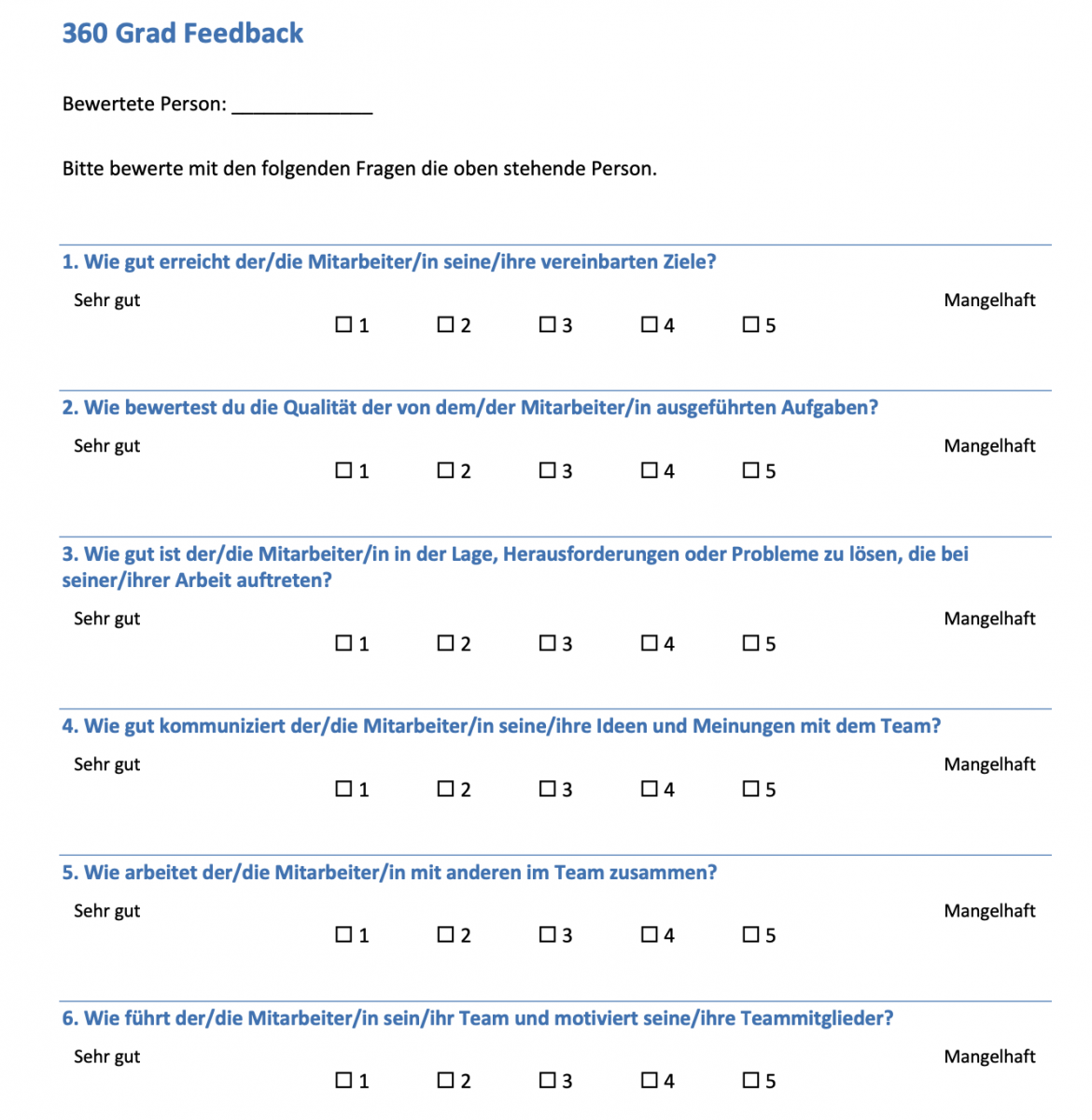 360 Degree Feedback Vorlage in Word für questionnaire