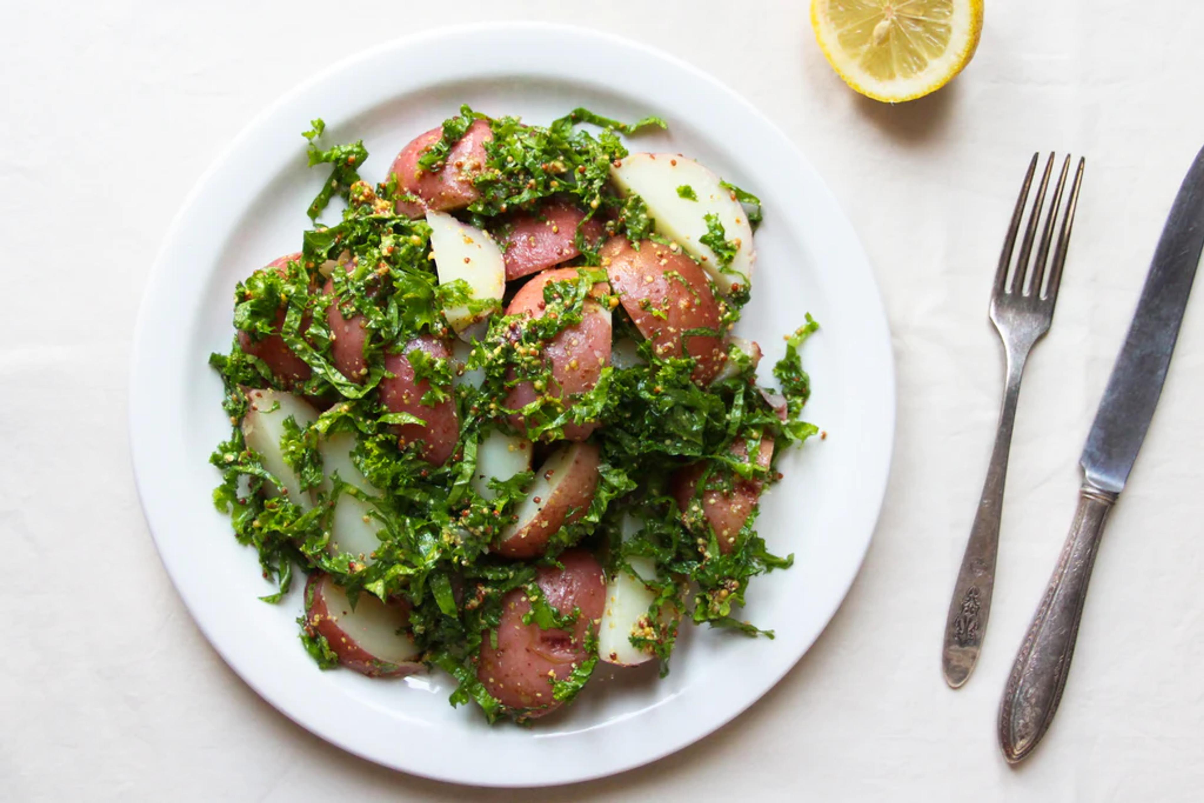 New Potato Salad with Mustard Greens