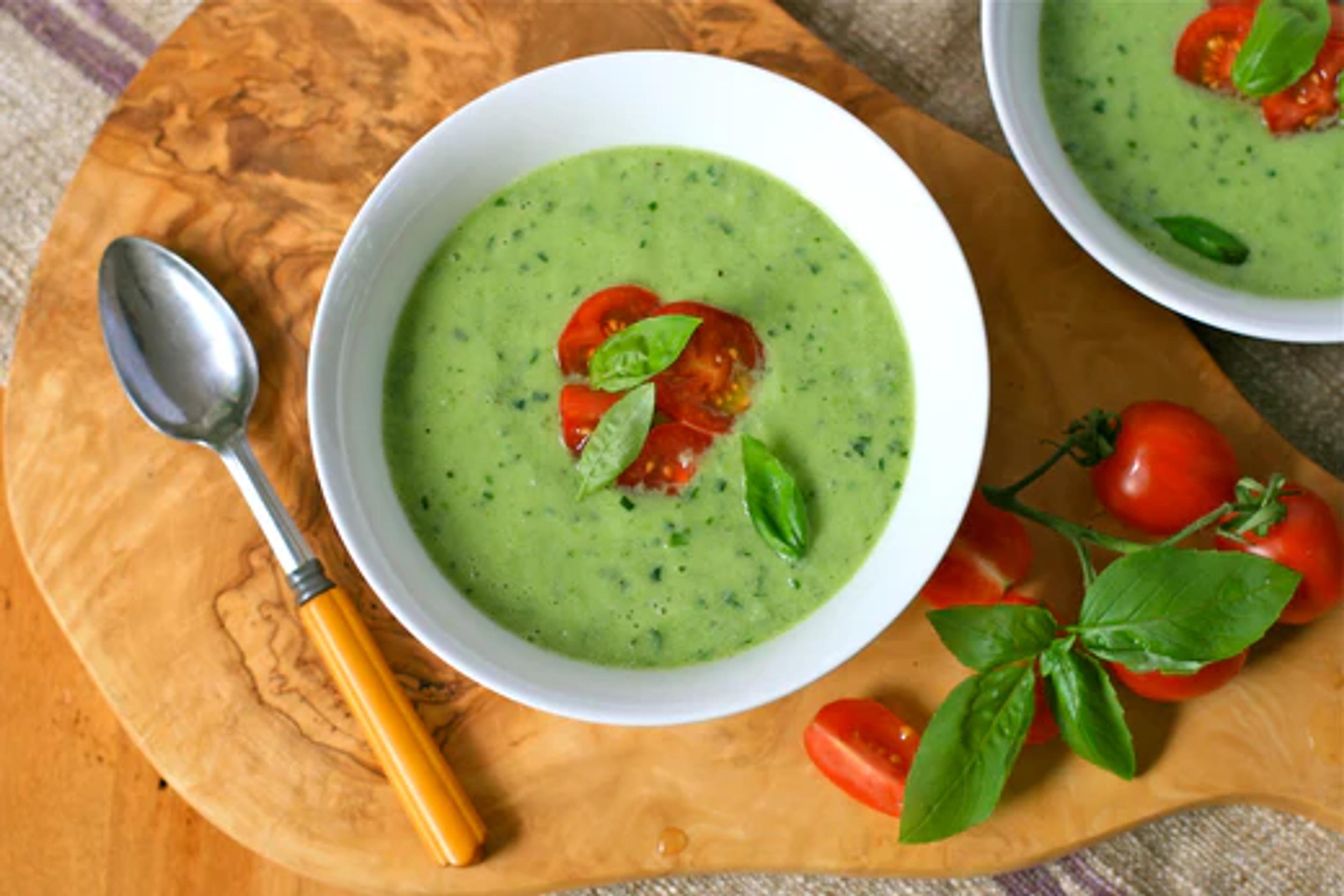 Chilled Green Cucumber Soup with Cherry Tomatoes