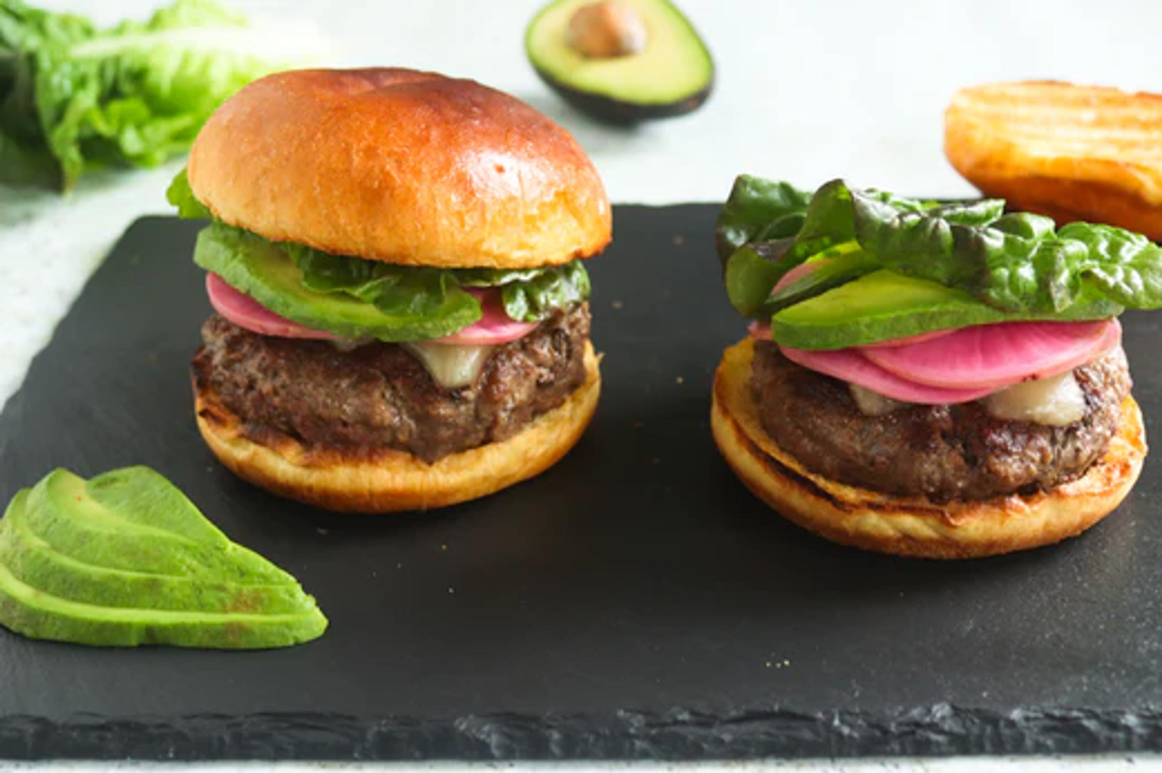Cheese Burgers with Avocado and Pickled Radish