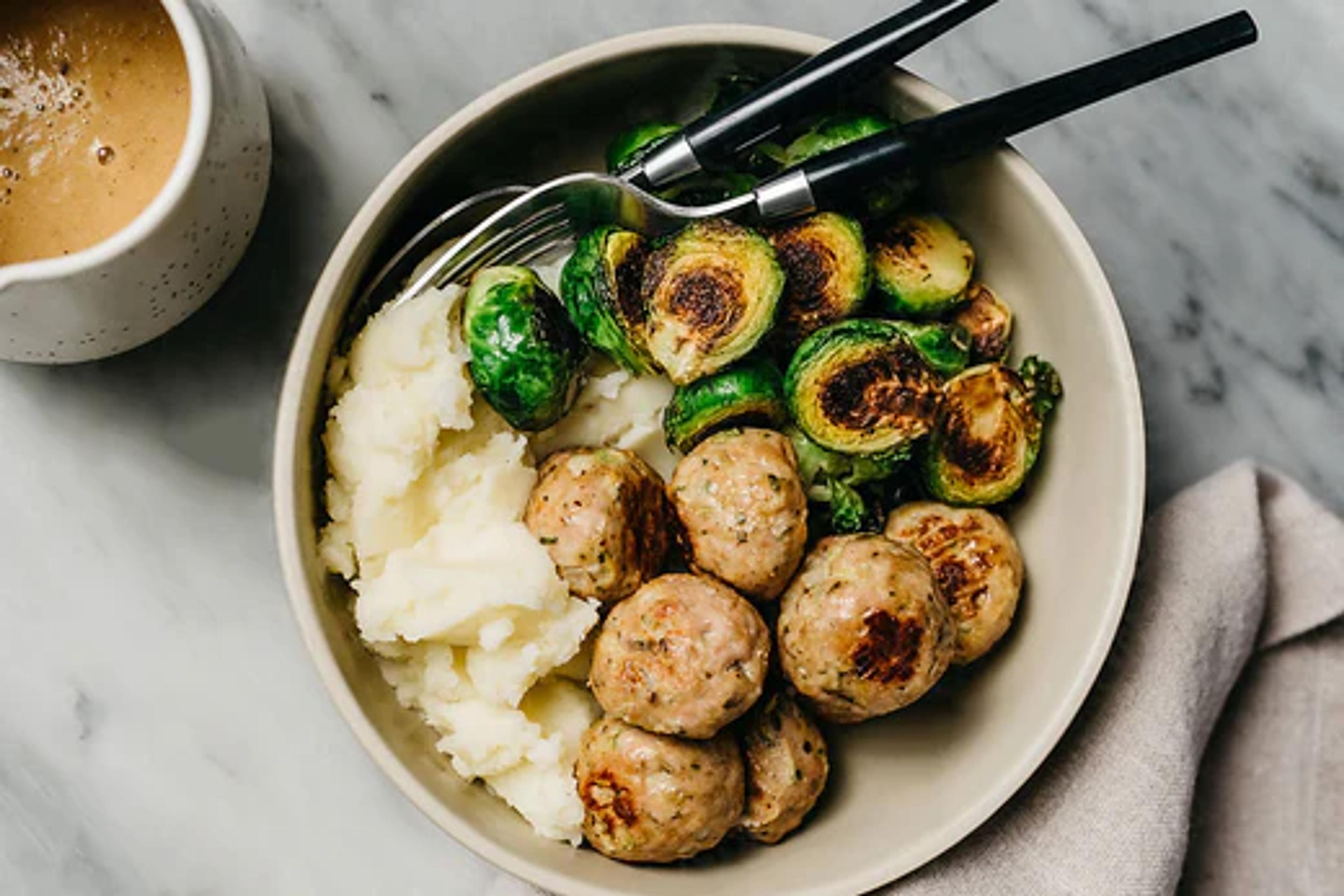 Easy-Bake Turkey Meatballs with Roasted Brussels Sprouts