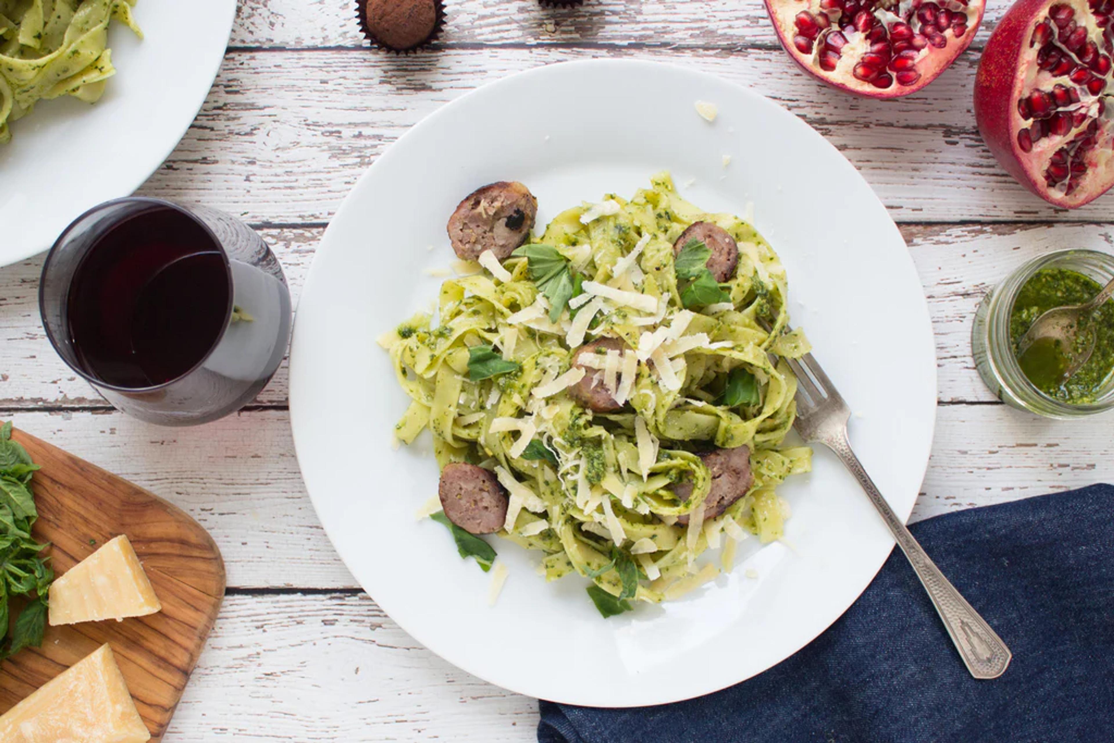 Pesto Pappardelle Pasta with Sausage
