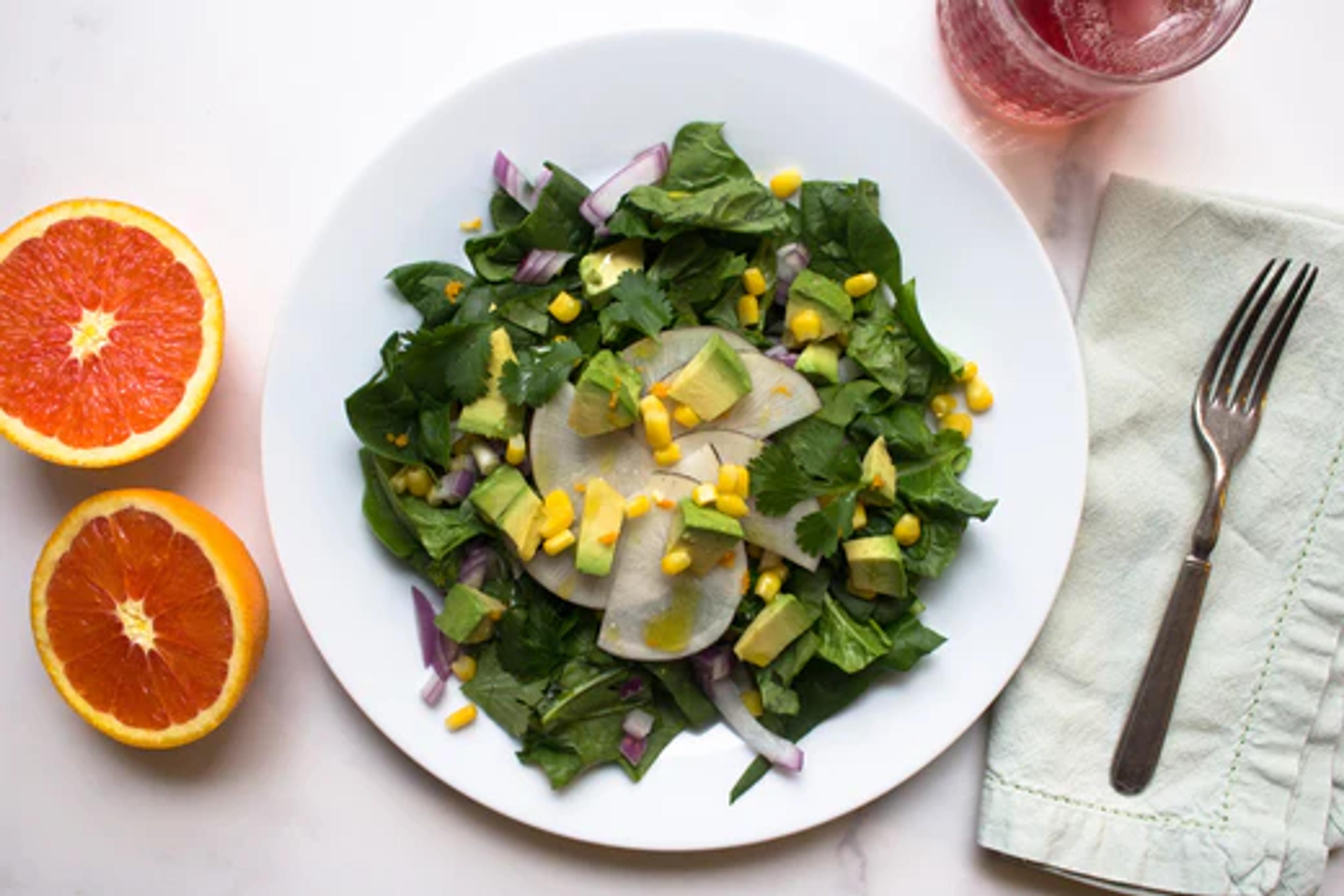 Corn and Spinach Salad with Blood Orange Vinaigrette
