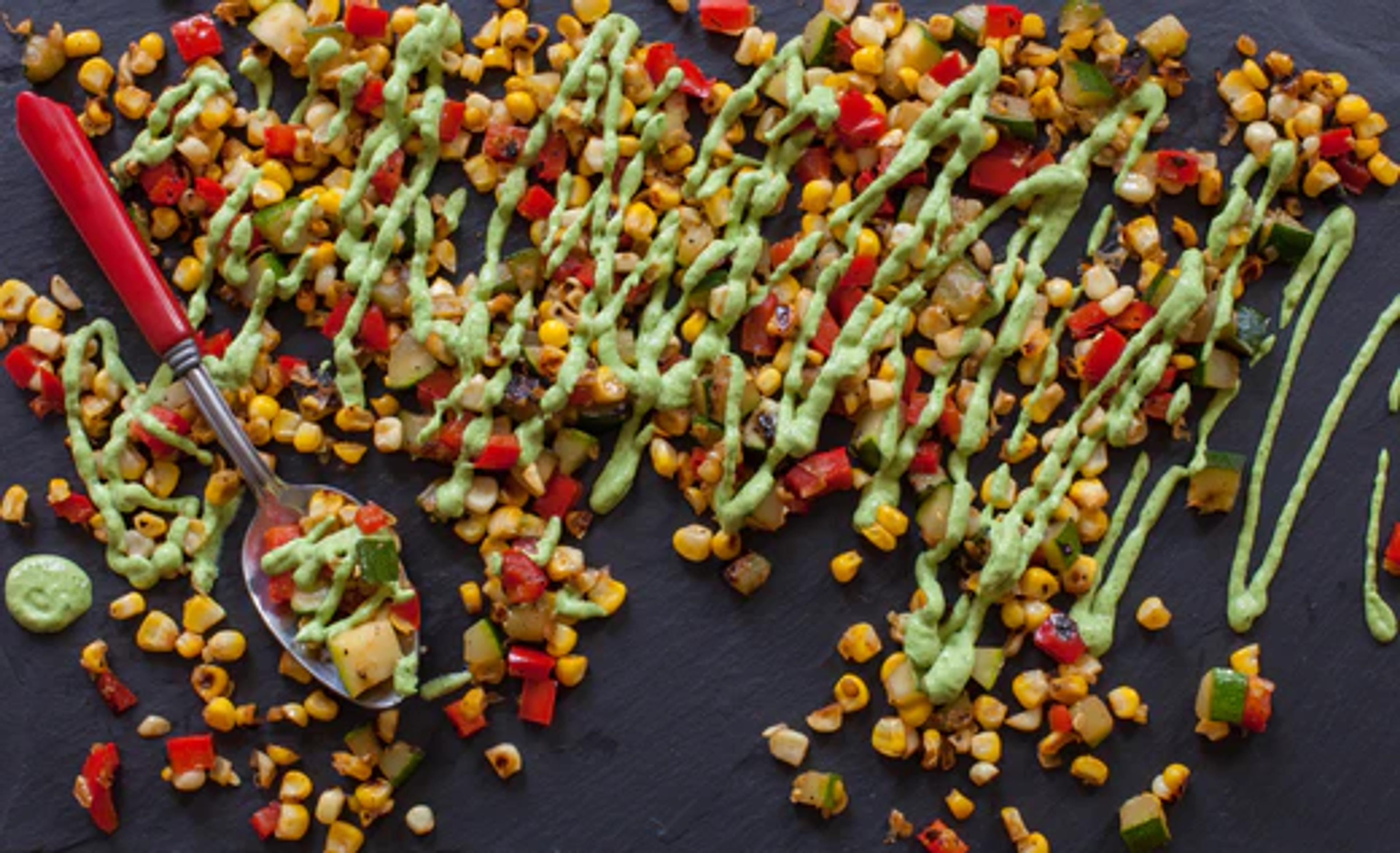 Corn, Peppers and Squash with Scallion Sour Cream