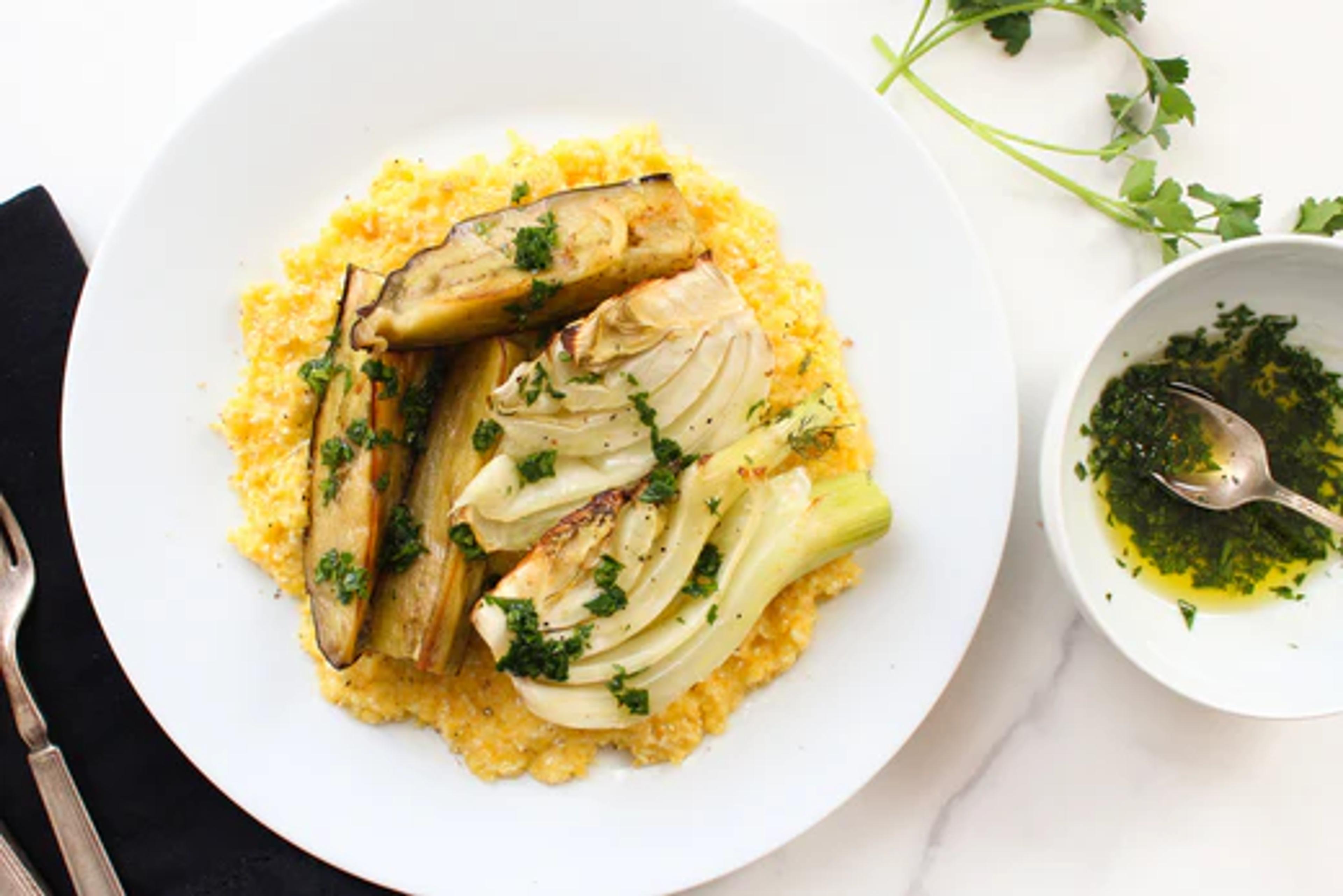 Creamy Polenta with Roasted Fennel and Eggplant