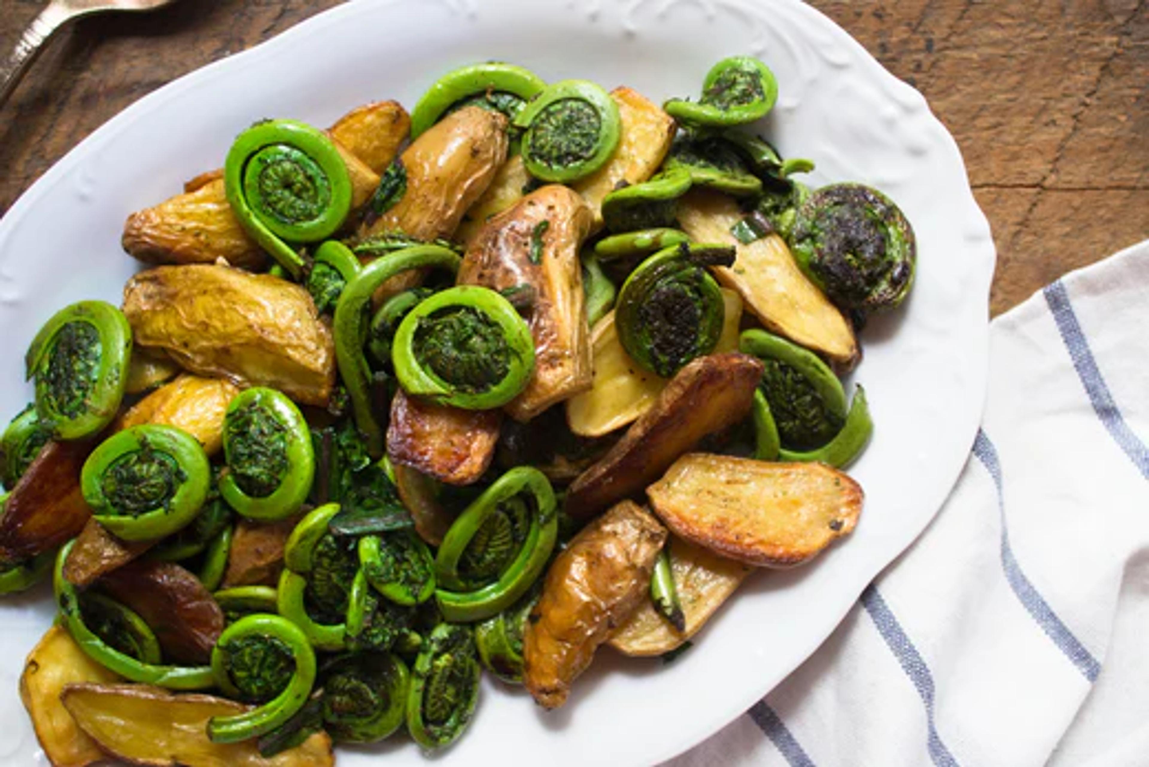 Fingerling and Fiddlehead Hash