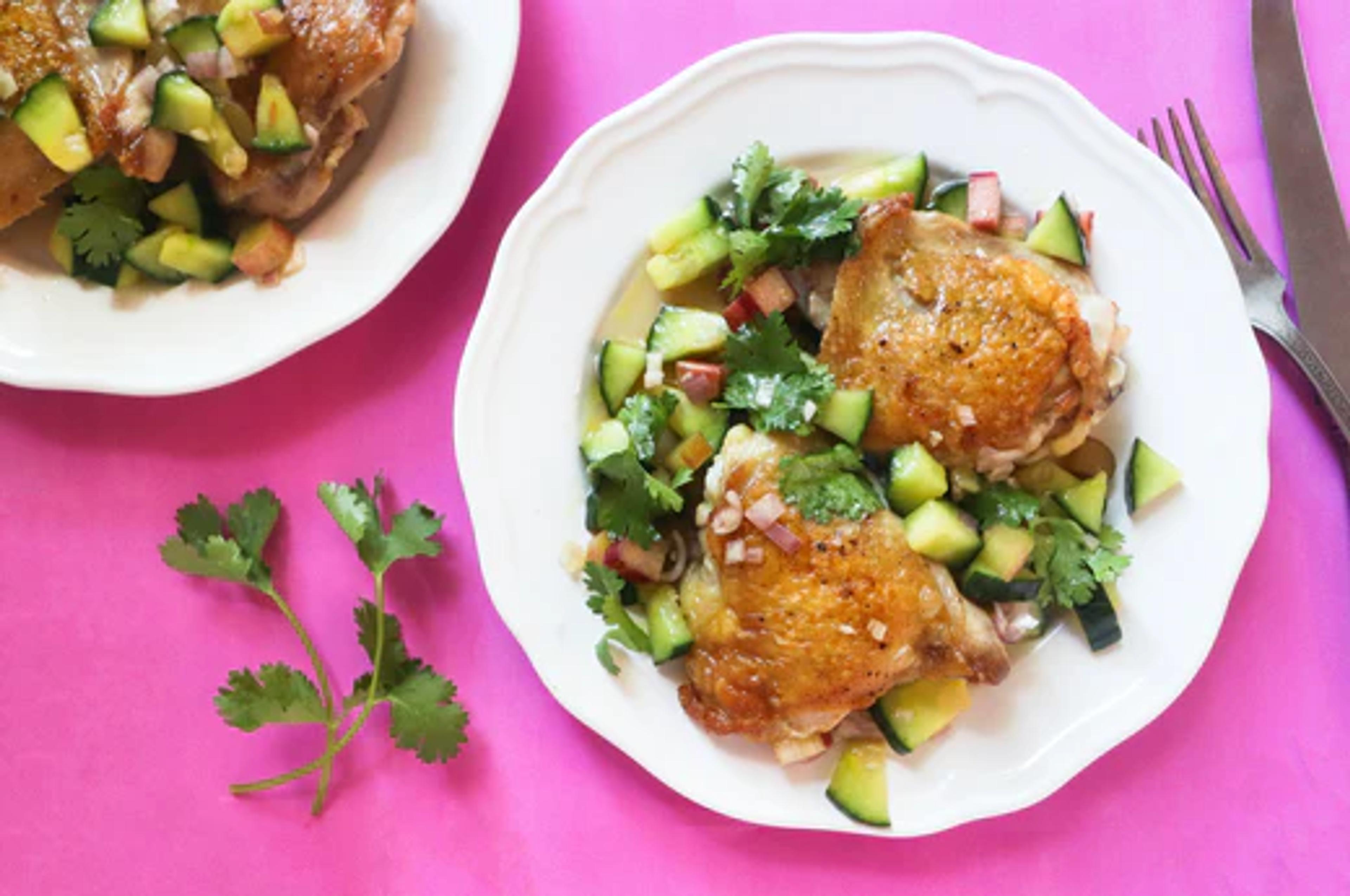 Crispy Skin Chicken Thighs with Cucumber Radish Relish