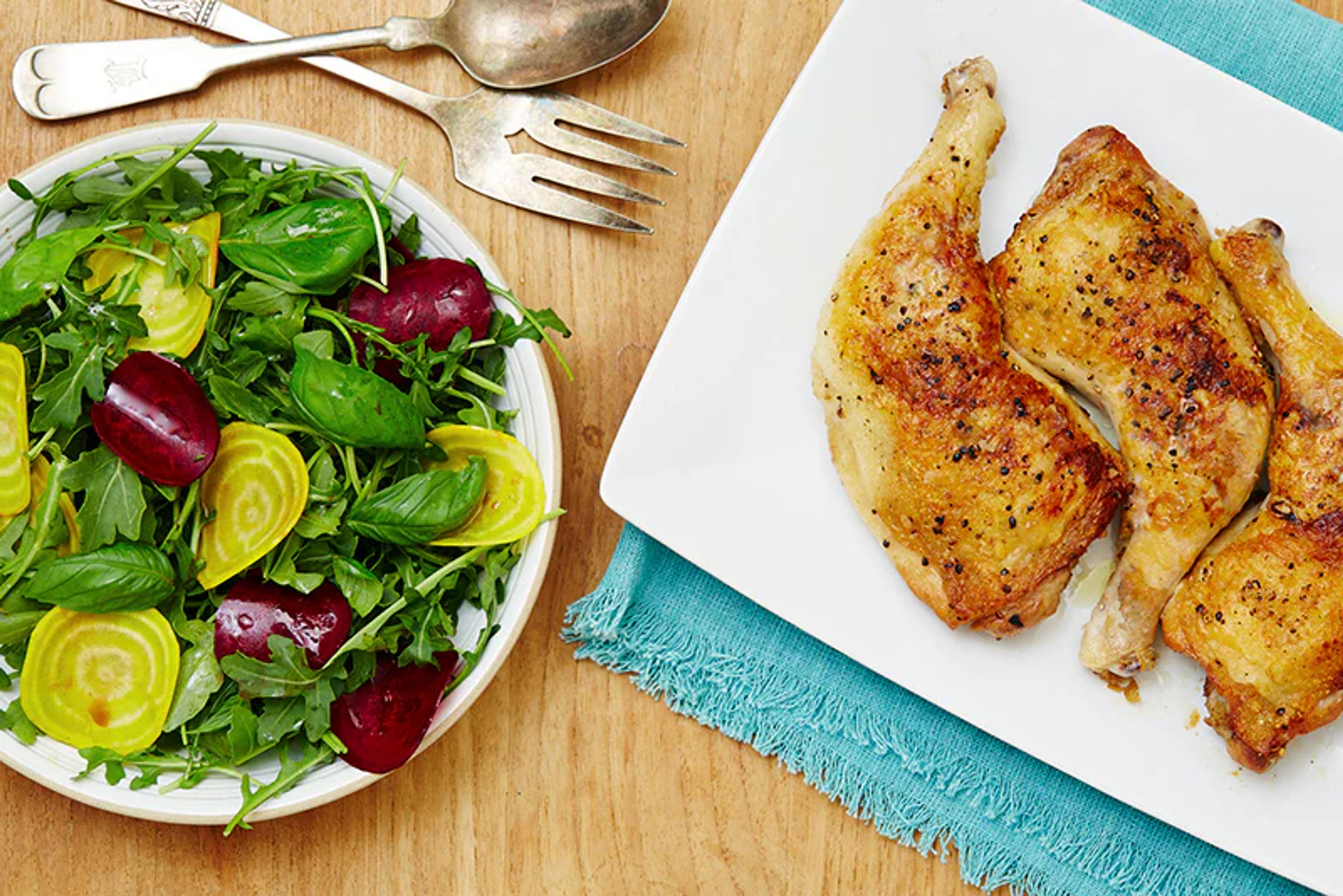 Pan-Seared Chicken Legs with Spinach Beet Salad