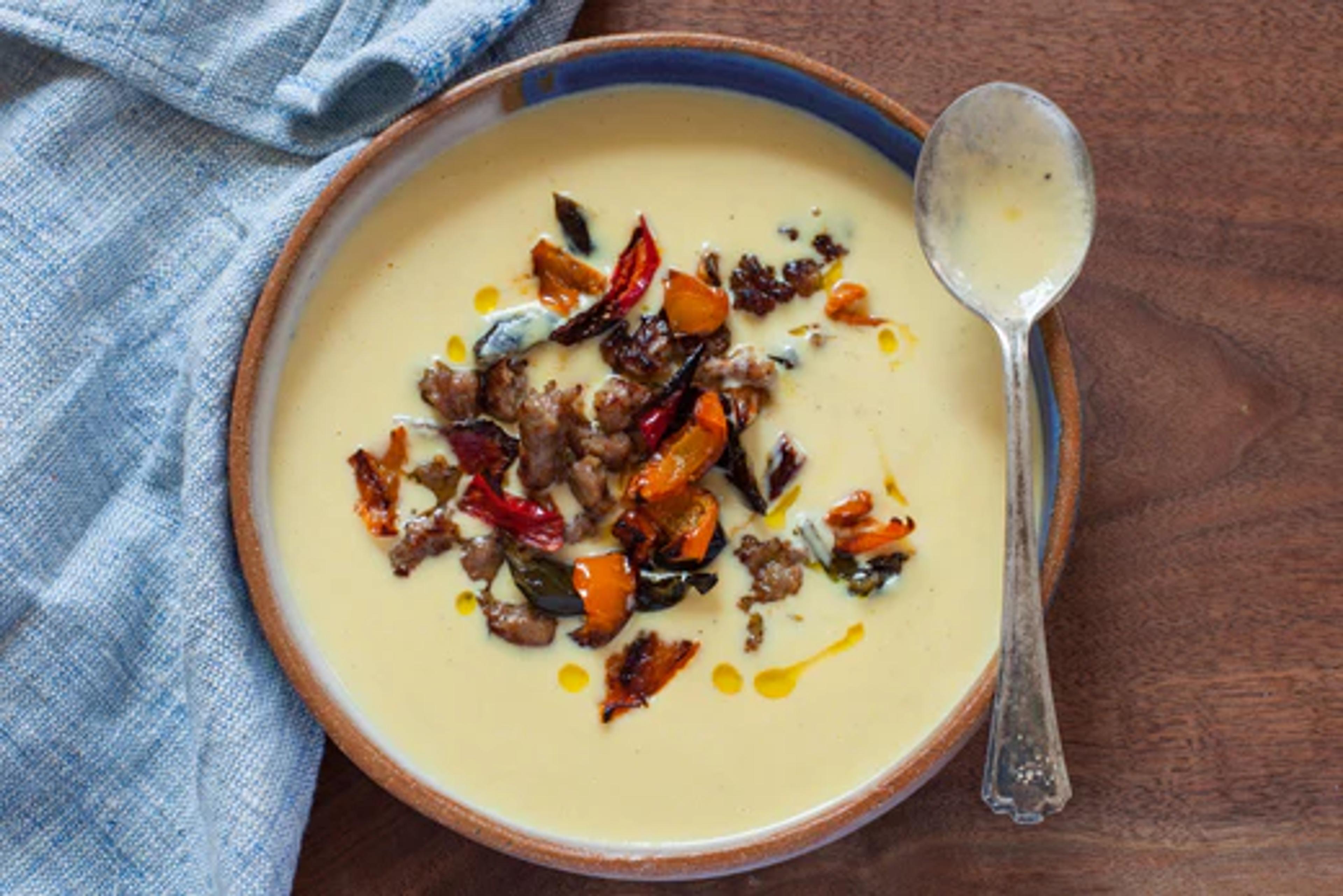 Corn Soup with Sausage and Pickled Roasted Peppers