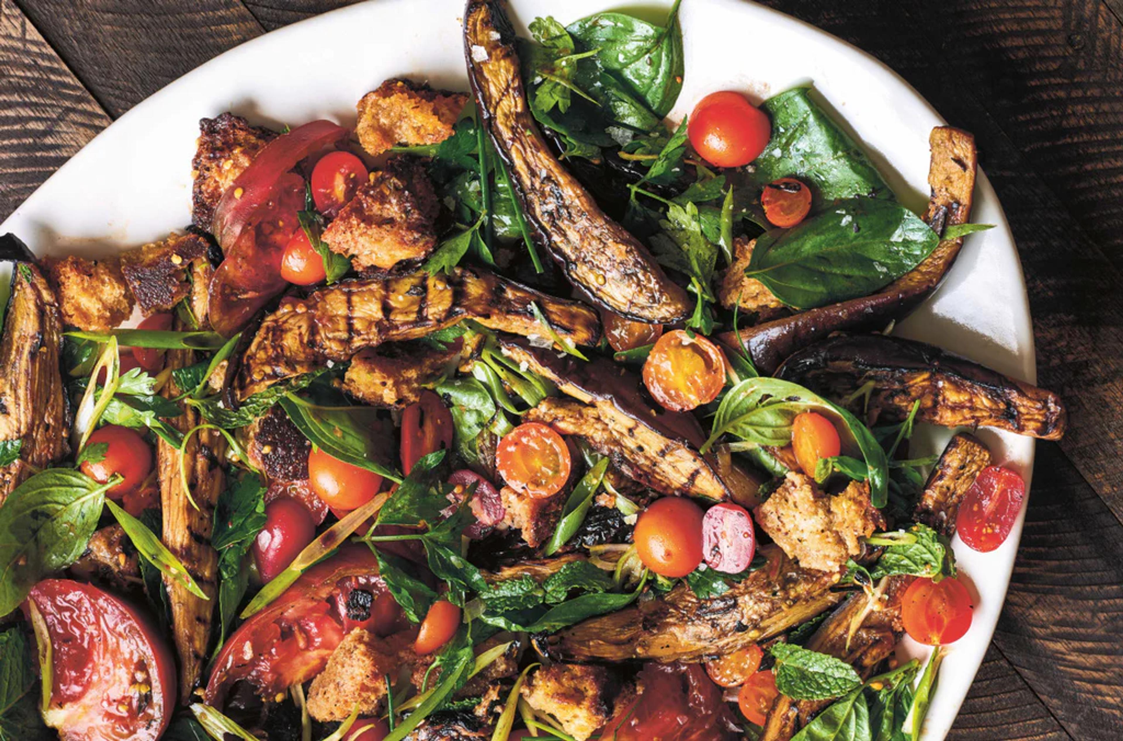 Grilled Eggplant with Tomatoes, Torn Croutons, and Lots of Herbs