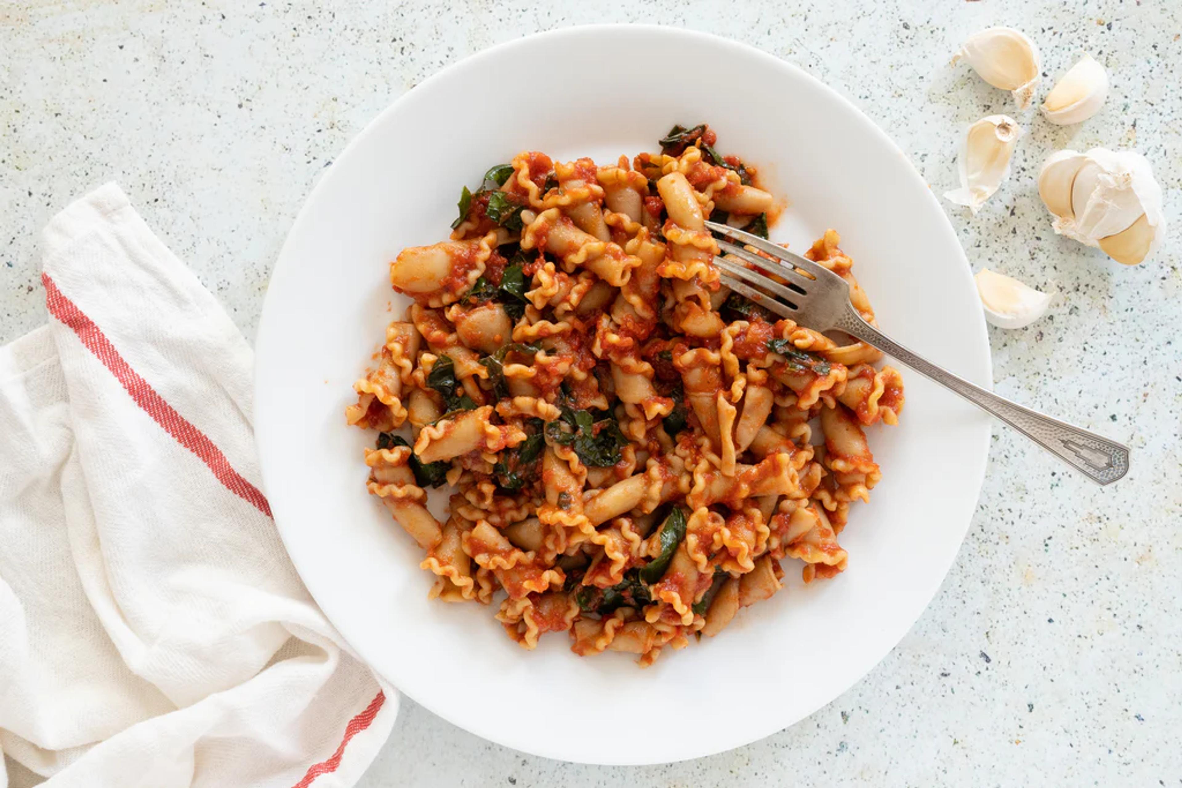 Porcini Trumpet Pasta with Tomato Sauce and Chard