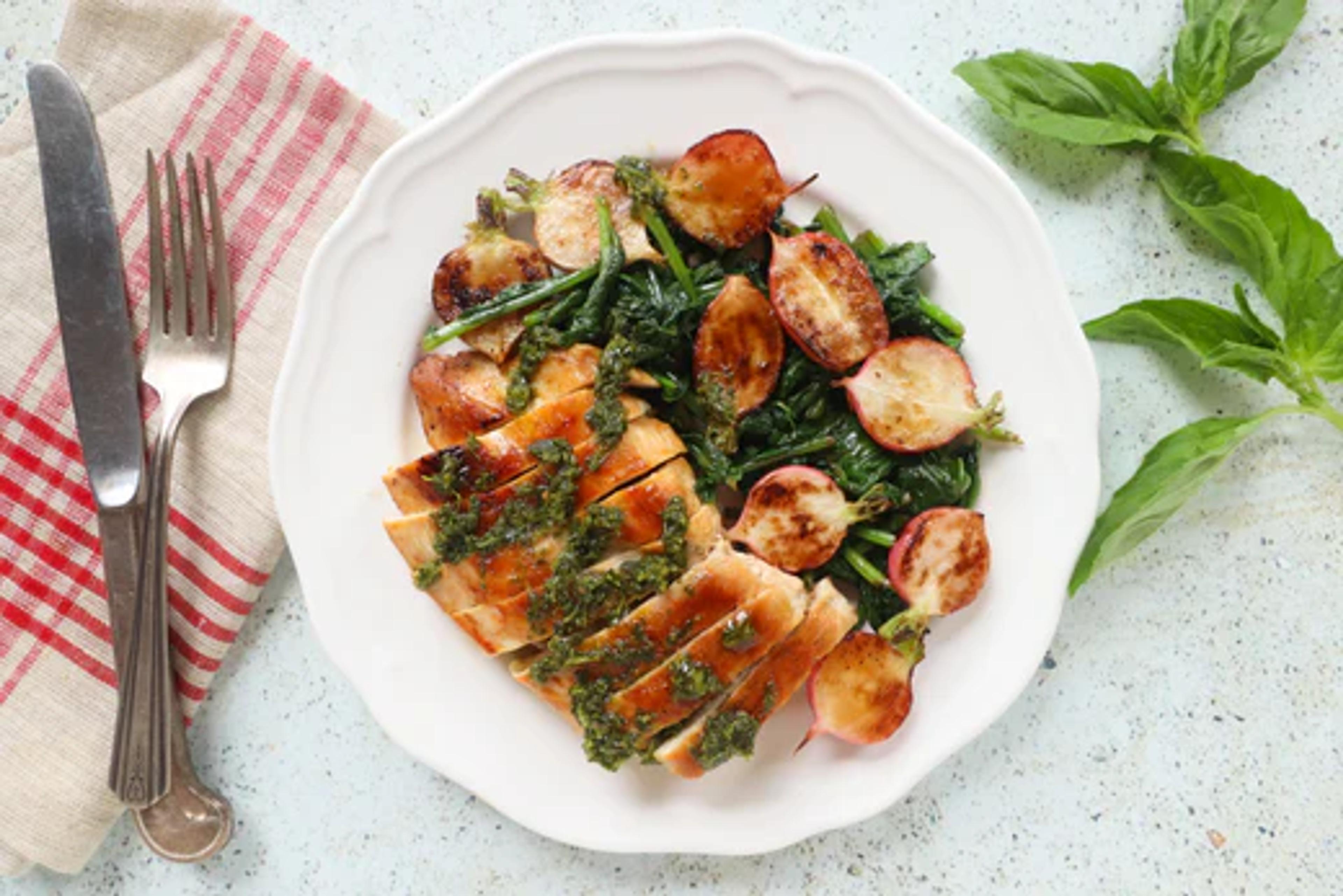 Chicken Breast with Hakurei Turnips and Basil Chimichurri