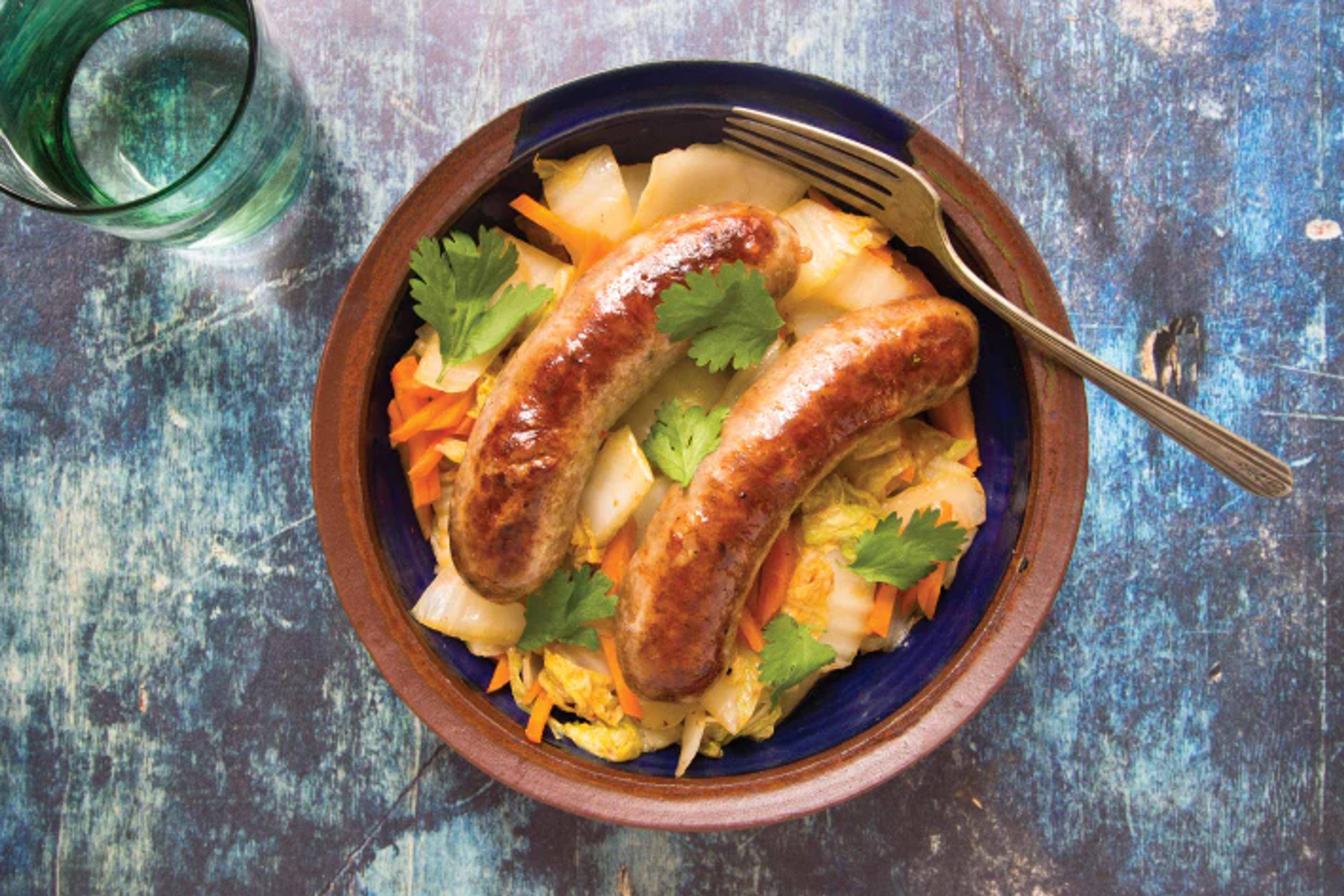 Kimchi Sausage with Sautéed Napa Cabbage