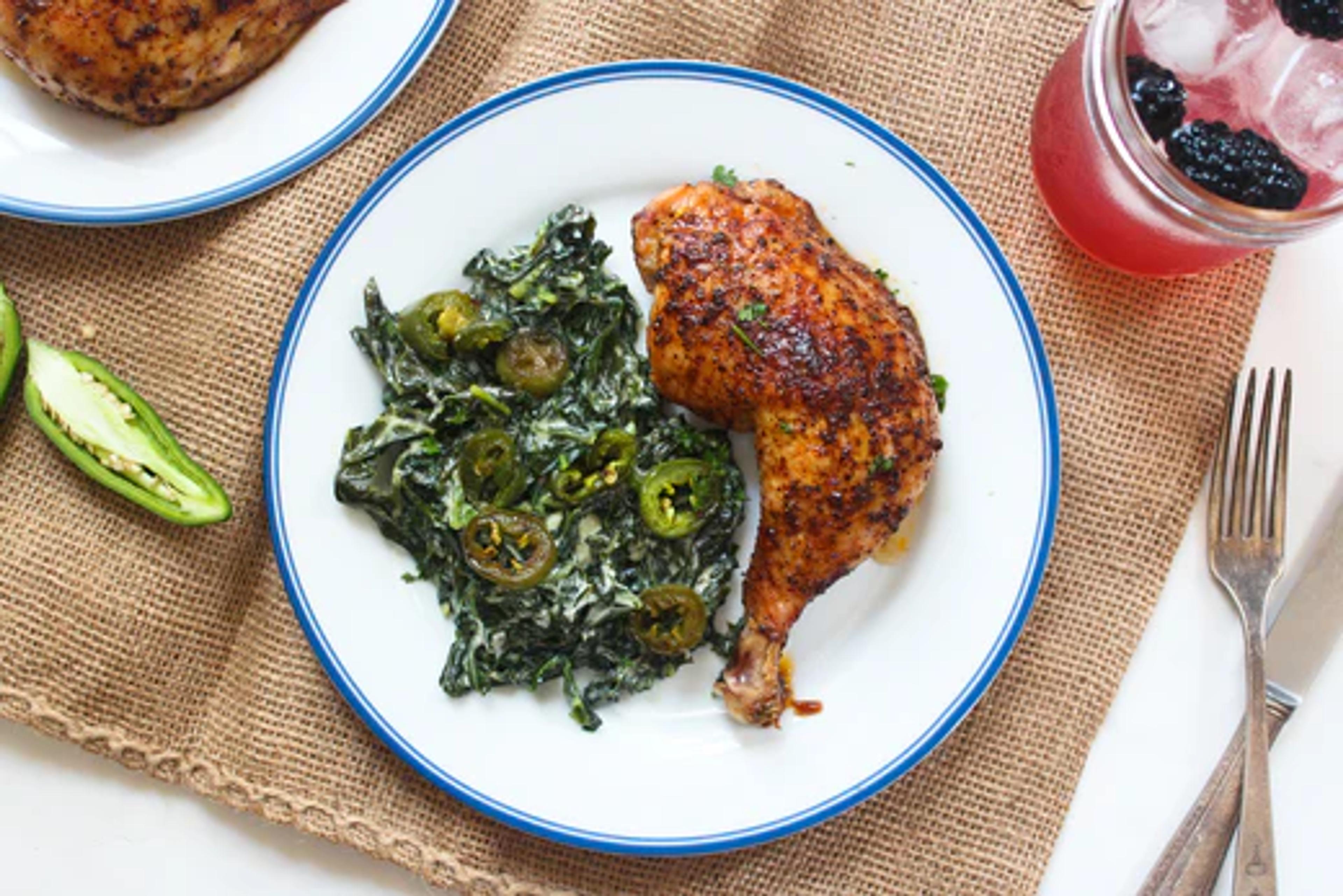 Coffee Rubbed Chicken with Spicy Jalapeño Creamed Collards